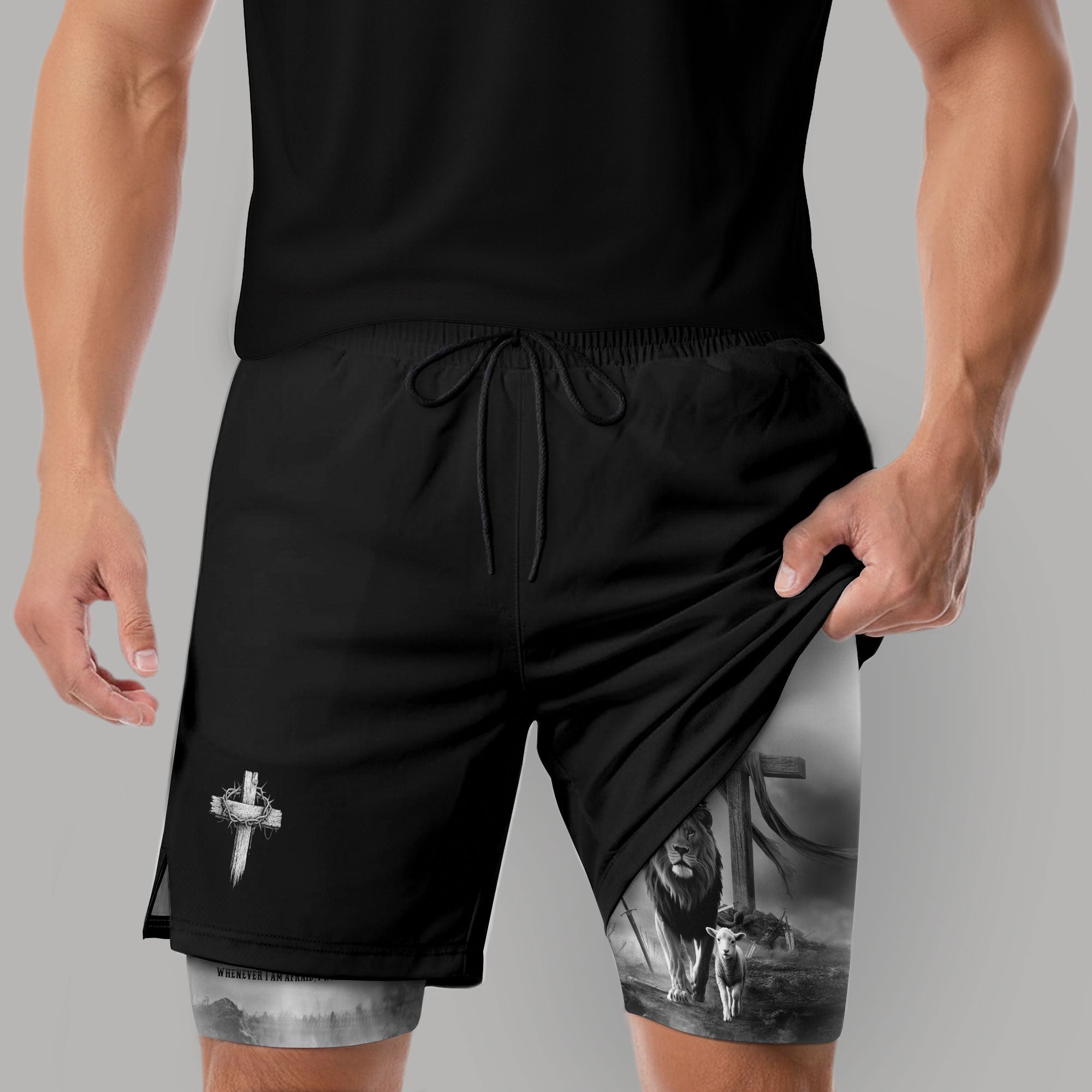 Psalm 56:3 Christian Gym Workout Shorts Men Lion and Lamb Cross Bible Verse - Rust Field Wear