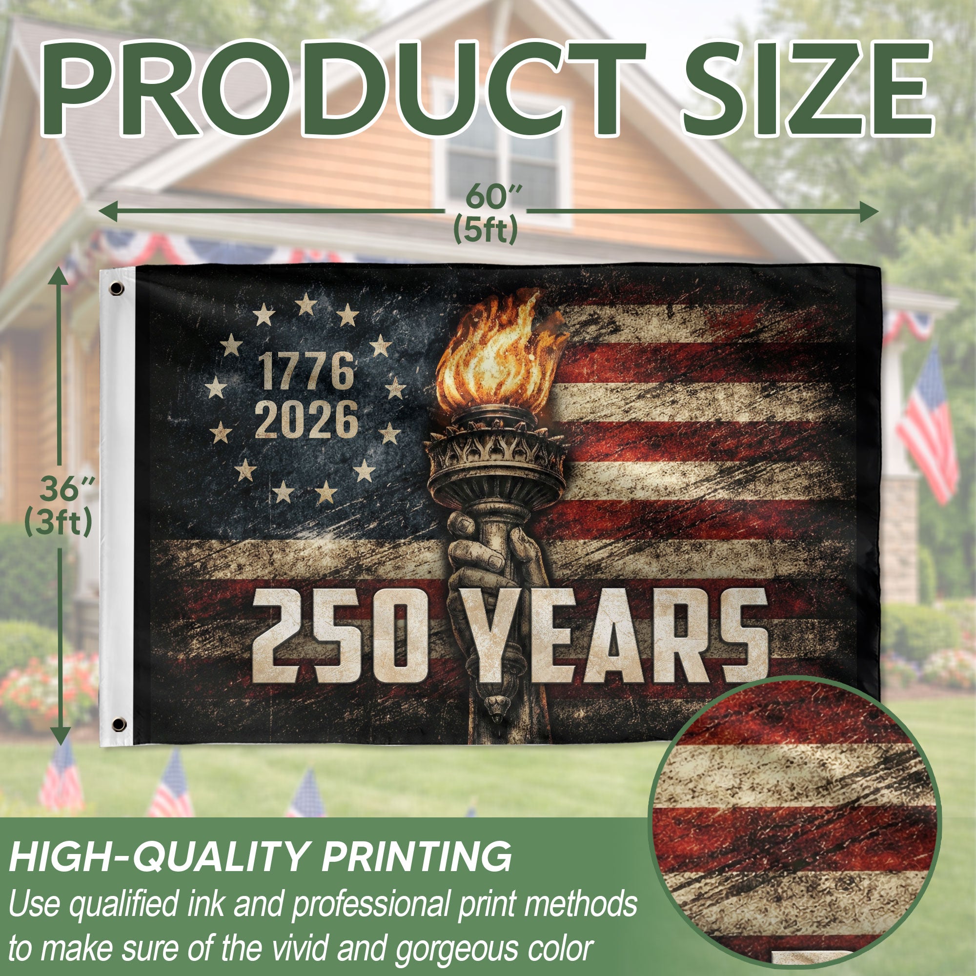 250 Years Liberty Torch Outdoor Decor Vintage American House Banner 3x5 ft
