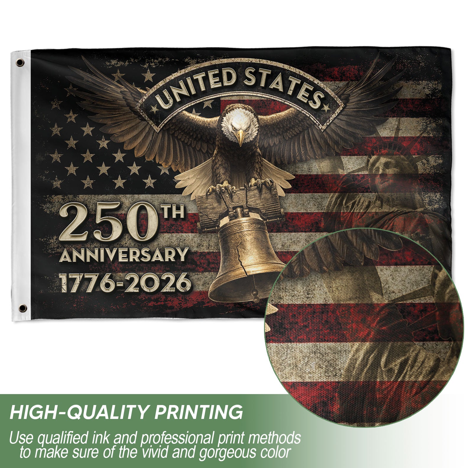 United States 250th Anniversary Flag 1776–2026 – Eagle & Liberty Bell Patriotic Décor