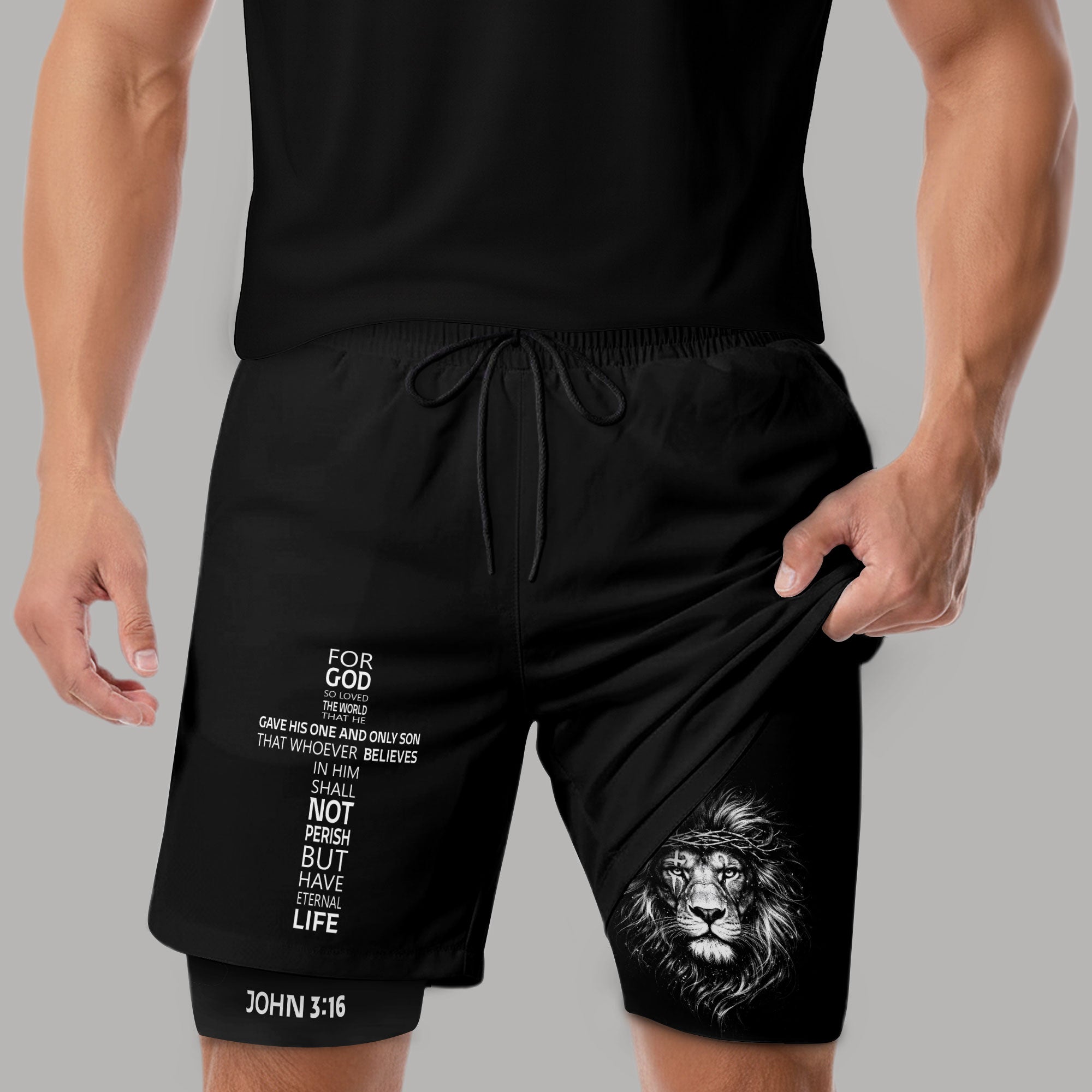 John 3:16 Bible Verse Christian Gym Workout Shorts Men Lion of Judah Athletic Activewear