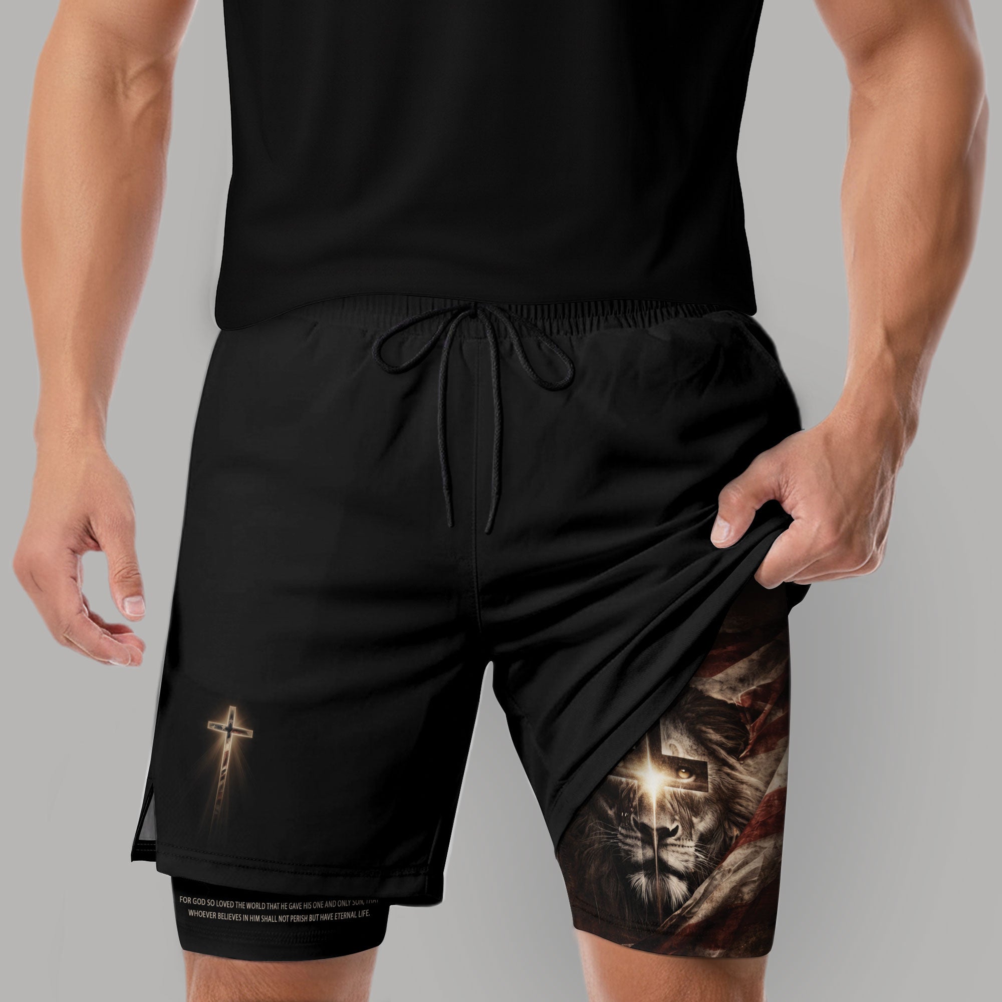 John 3:16 Bible Verse Men Christian Gym Shorts Lion of Judah Training Performance Gear - Rust Field Wear