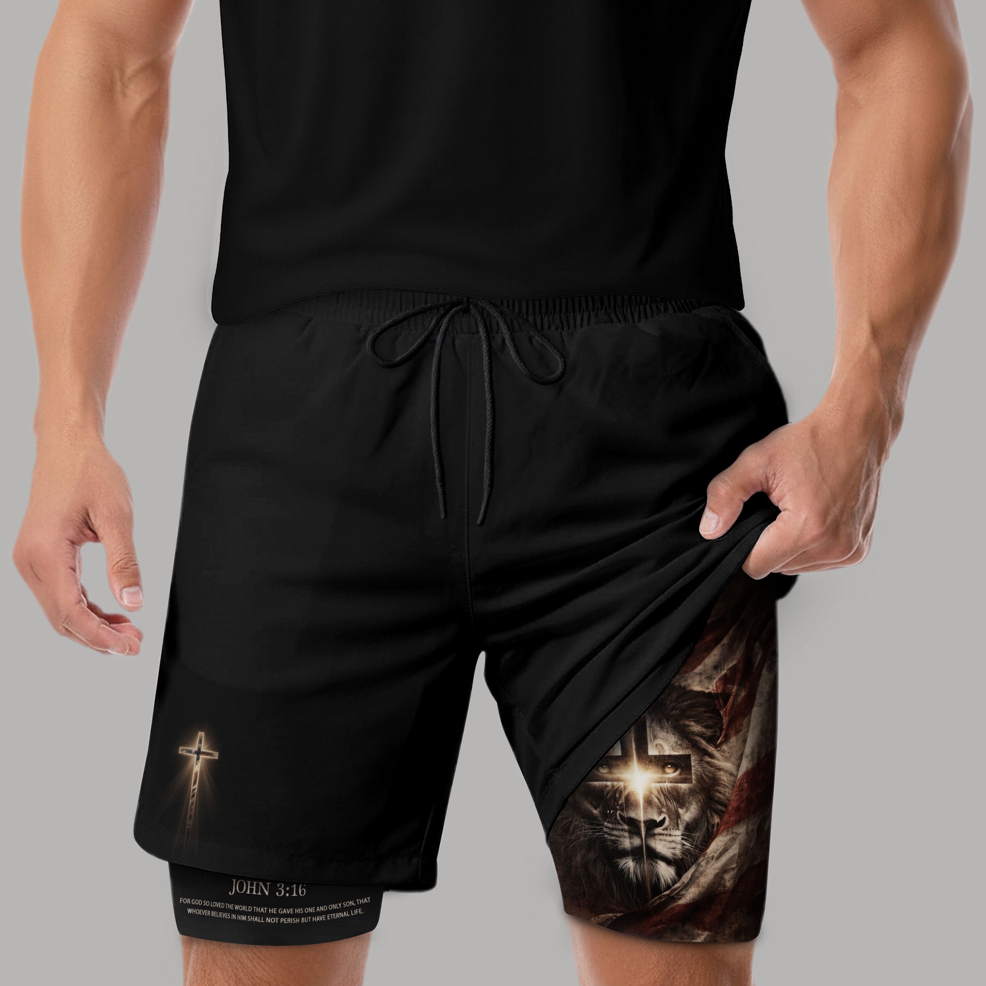 John 3:16 Bible Verse Men Christian Gym Shorts Lion of Judah Training Performance Gear