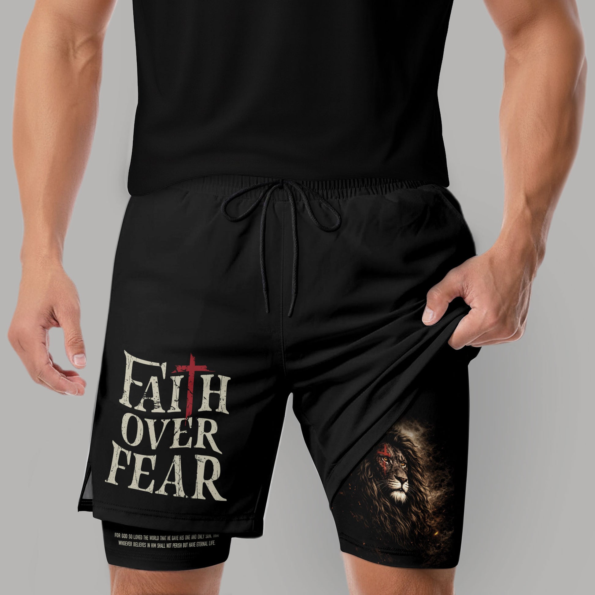 John 3:16 Bible Verse Christian Workout Shorts Men Lion of Judah Faith Over Fear Activewear - Rust Field Wear