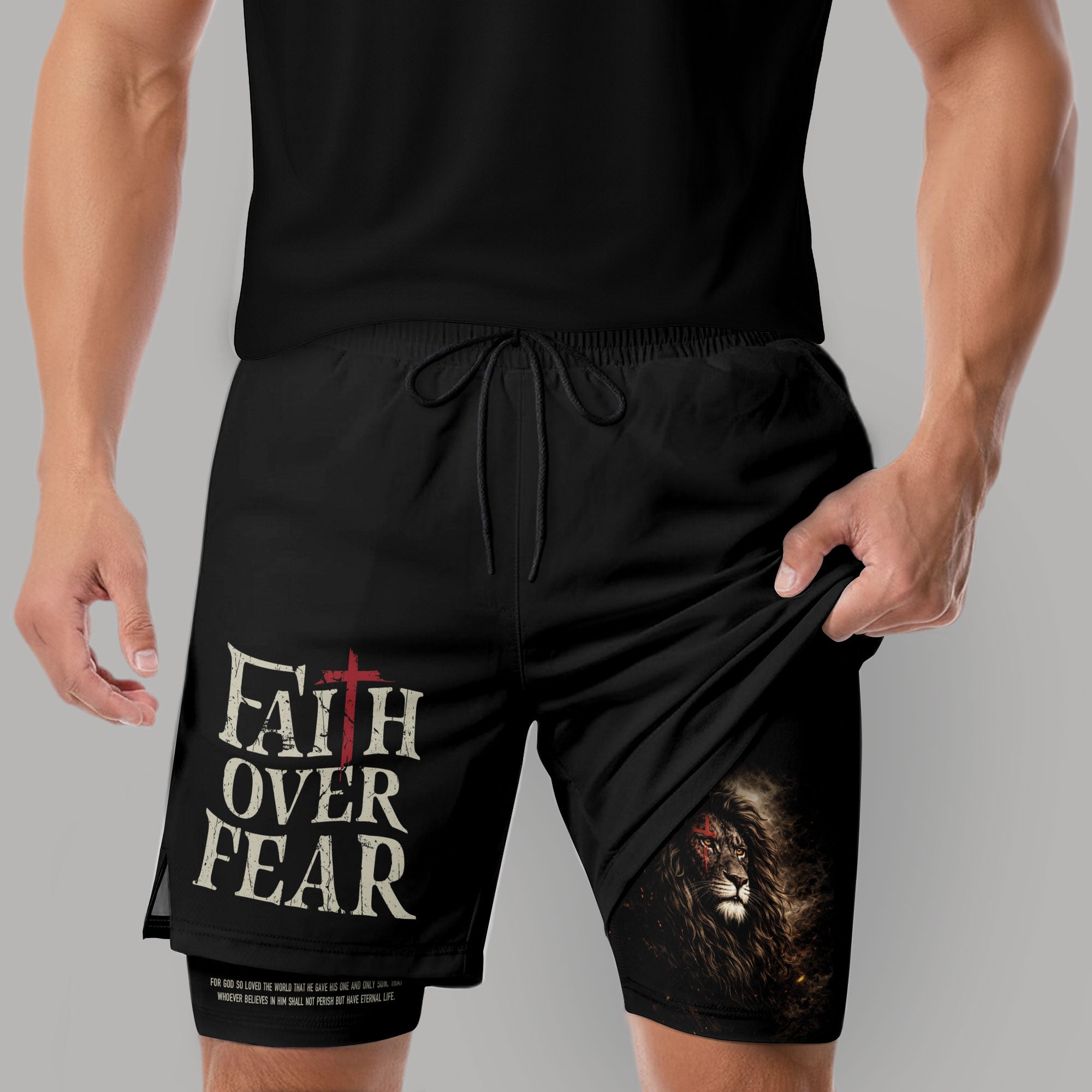 John 3:16 Bible Verse Christian Workout Shorts Men Lion of Judah Faith Over Fear Activewear - Rust Field Wear