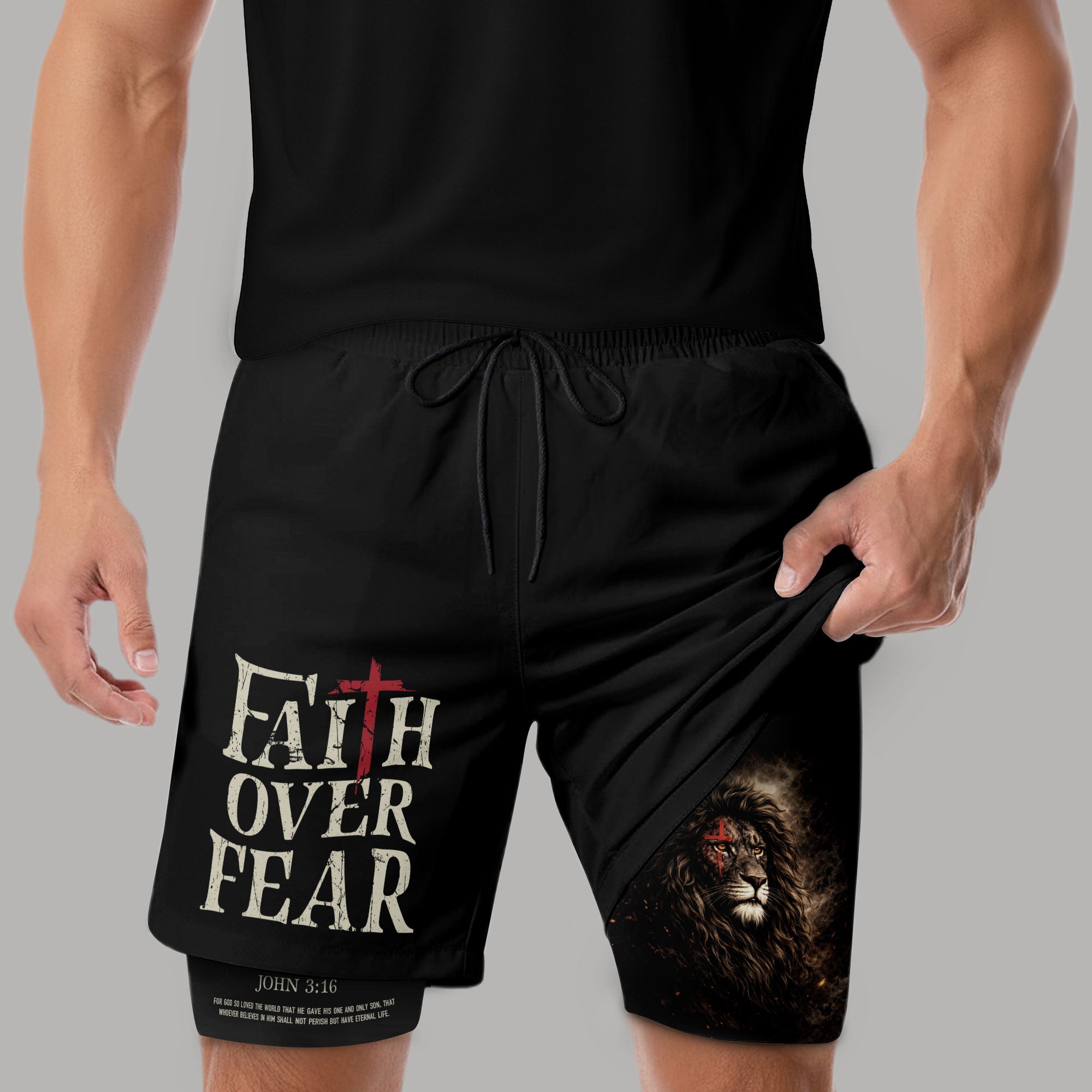 John 3:16 Bible Verse Christian Workout Shorts Men Lion of Judah Faith Over Fear Activewear