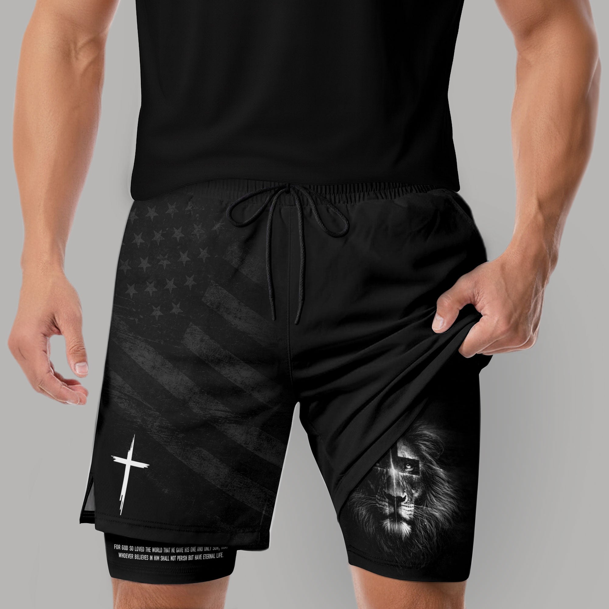 John 3:16 Bible Verse Lion of Judah Christian Gym Shorts Men Athletic Performance Wear - Rust Field Wear