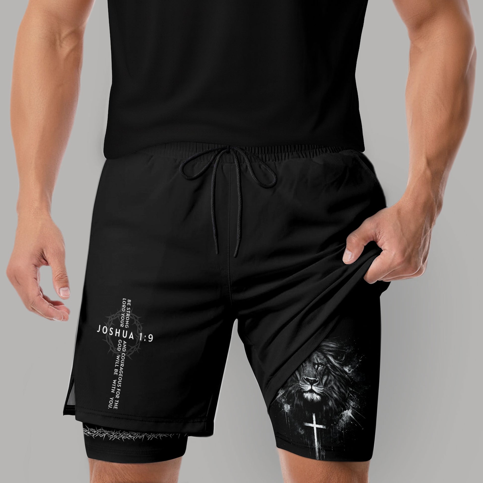 Joshua 1:9 Christian Men Gym Shorts Lion of Judah Athletic Activewear Gear - Rust Field Wear