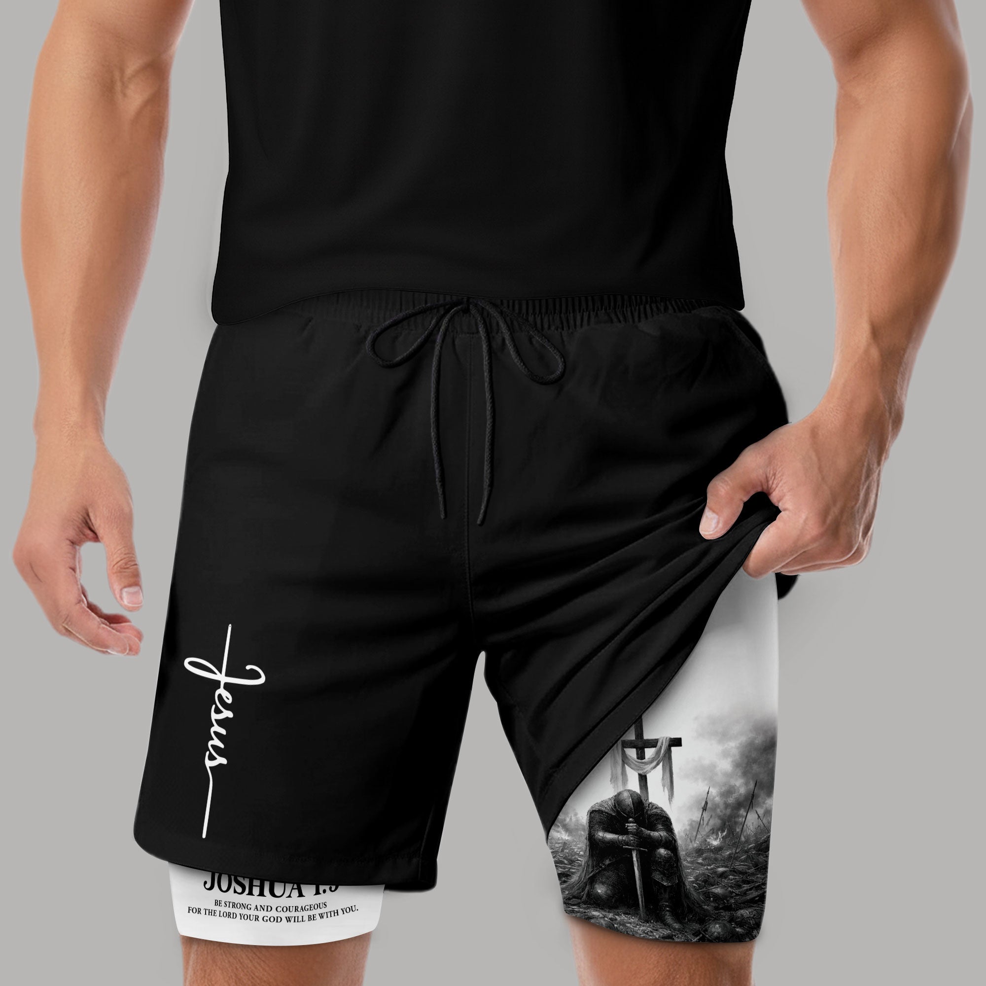 Joshua 1:9 Christian Men Gym Shorts Jesus Strong Knight Bible Training Performance Gear