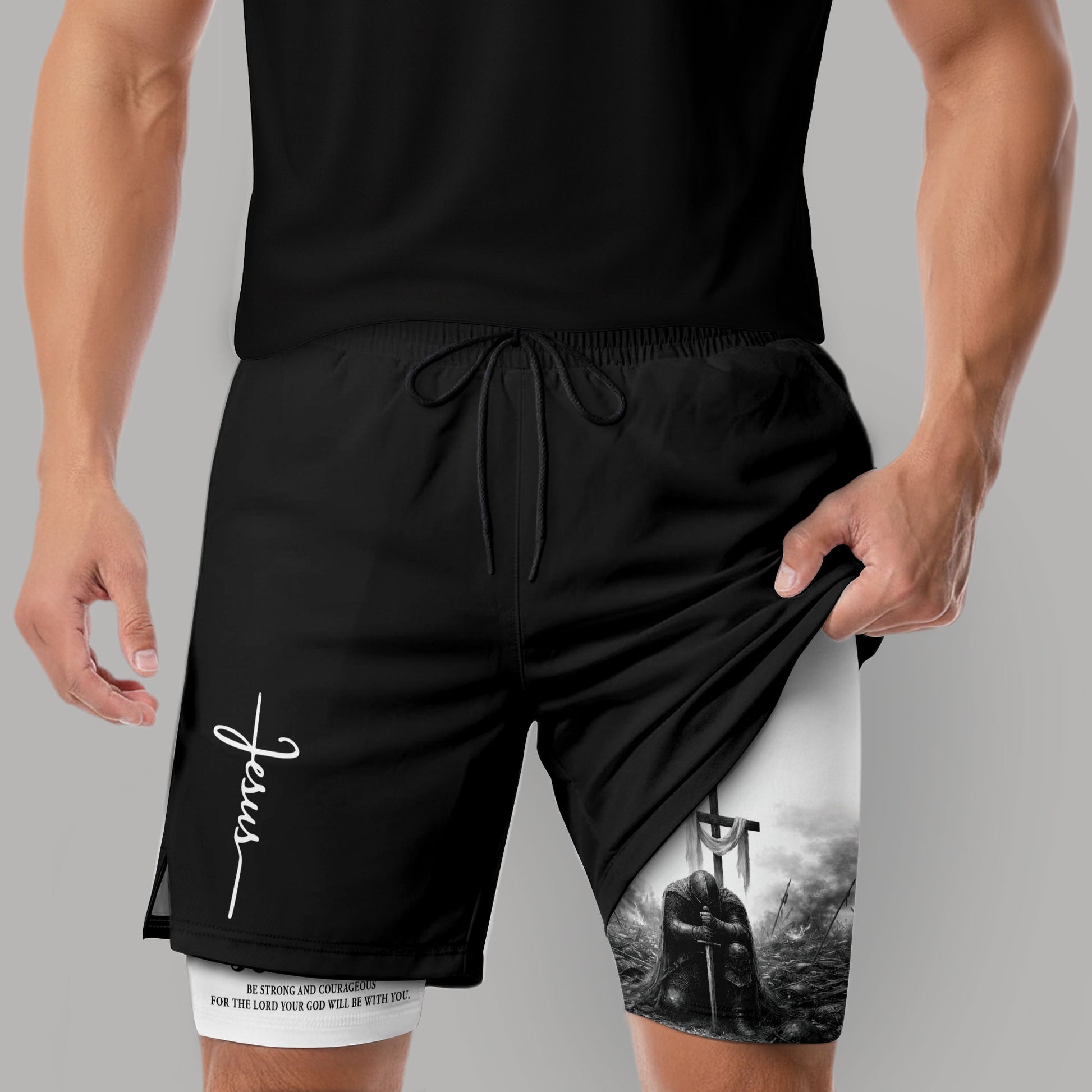 Joshua 1:9 Christian Men Gym Shorts Jesus Strong Knight Bible Training Performance Gear - Rust Field Wear