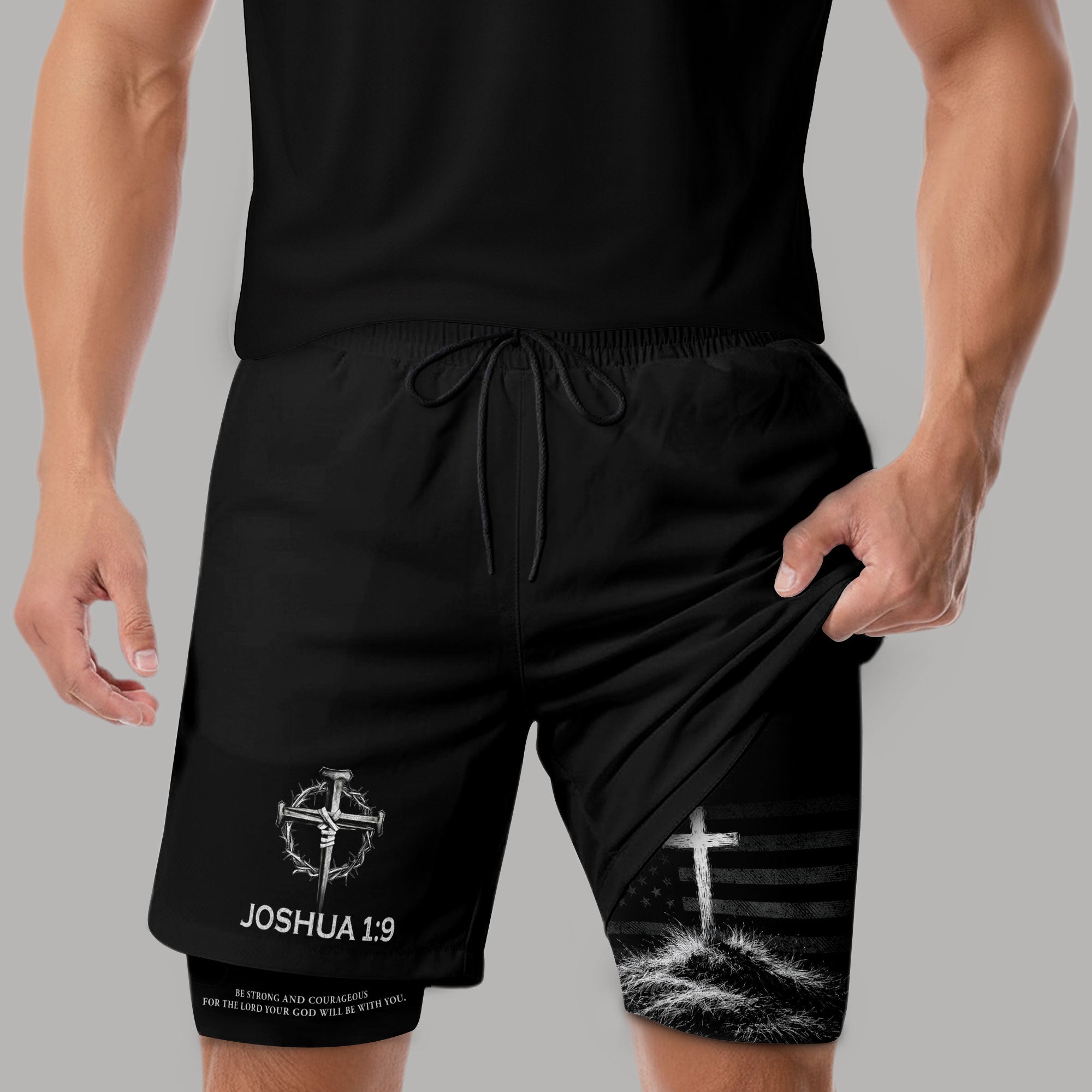 Joshua 1:9 Christian Men Gym Shorts USA Flag Strong and Courageous Athletic Activewear