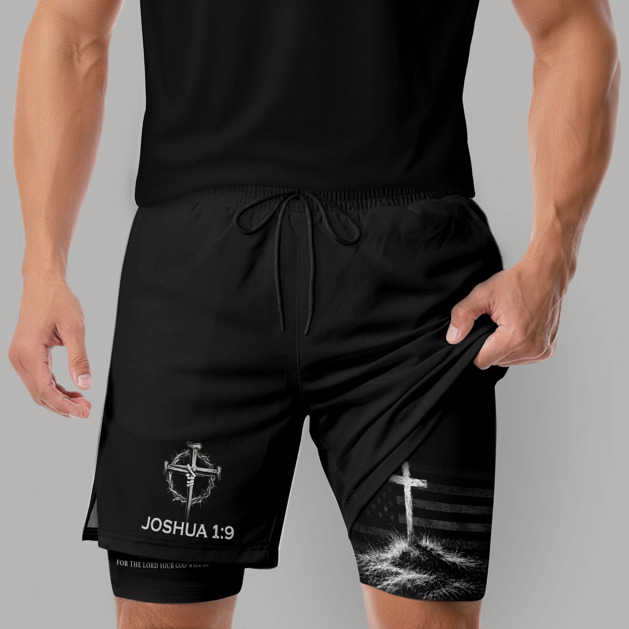 Joshua 1:9 Christian Men Gym Shorts USA Flag Strong and Courageous Athletic Activewear - Rust Field Wear