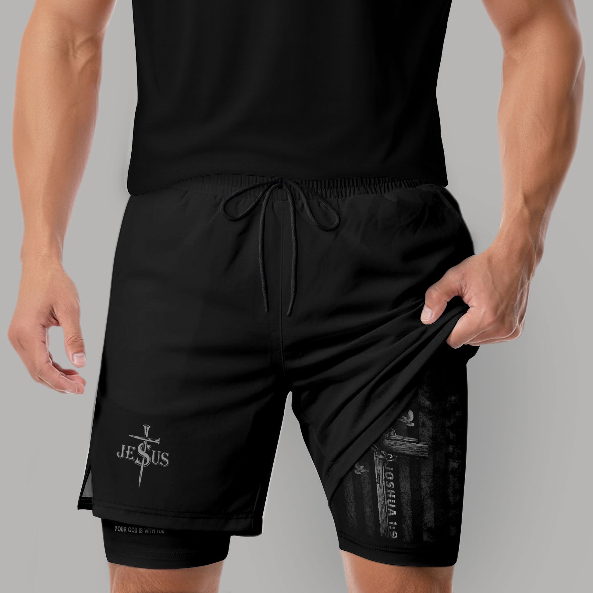 Joshua 1:9 Bible Verse Christian Men Gym Shorts Be Strong and Courageous Jesus USA Flag Knight Activewear - Rust Field Wear