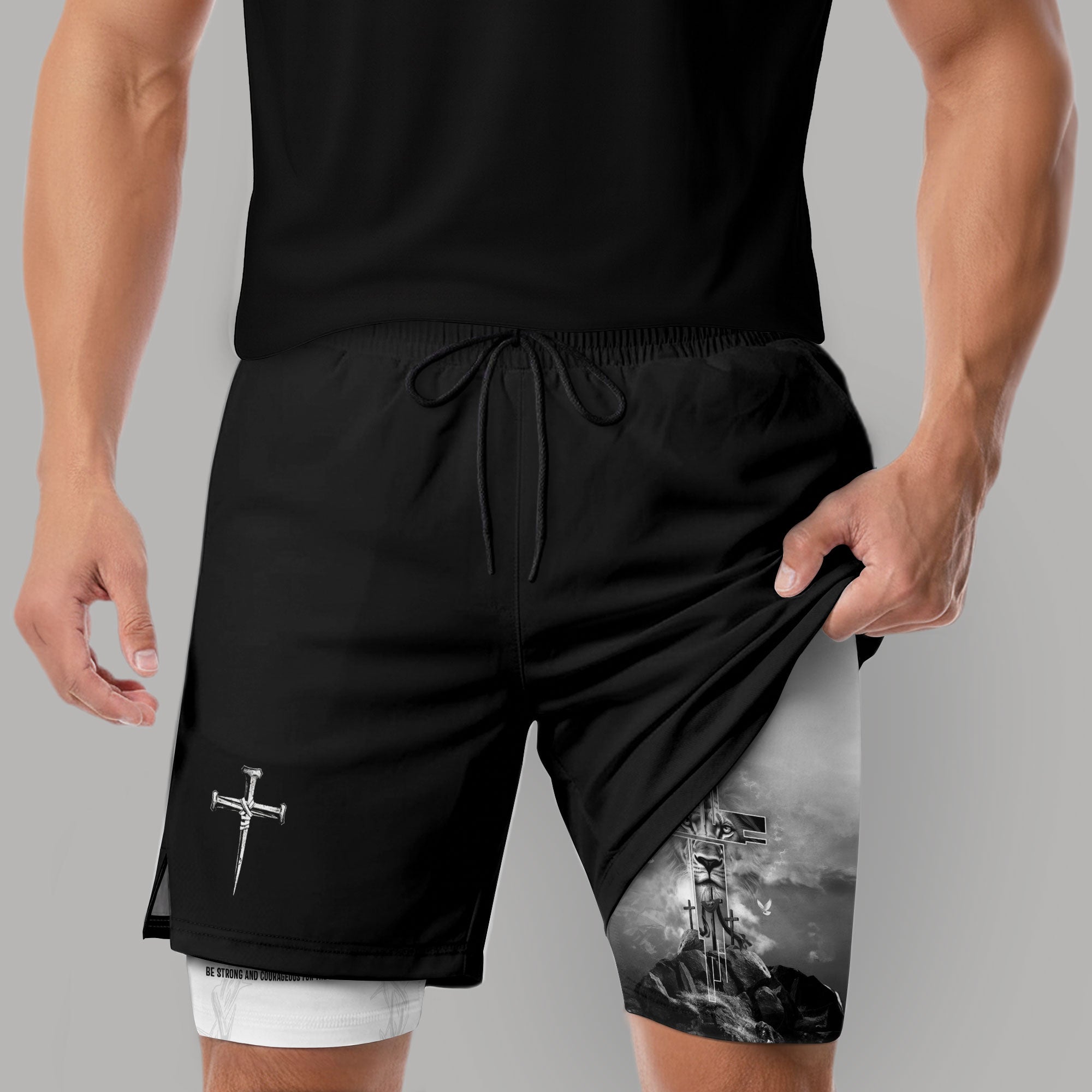Joshua 1:9 Bible Verse Christian Men Gym Shorts Cross Lion of Judah Training Performance Gear - Rust Field Wear