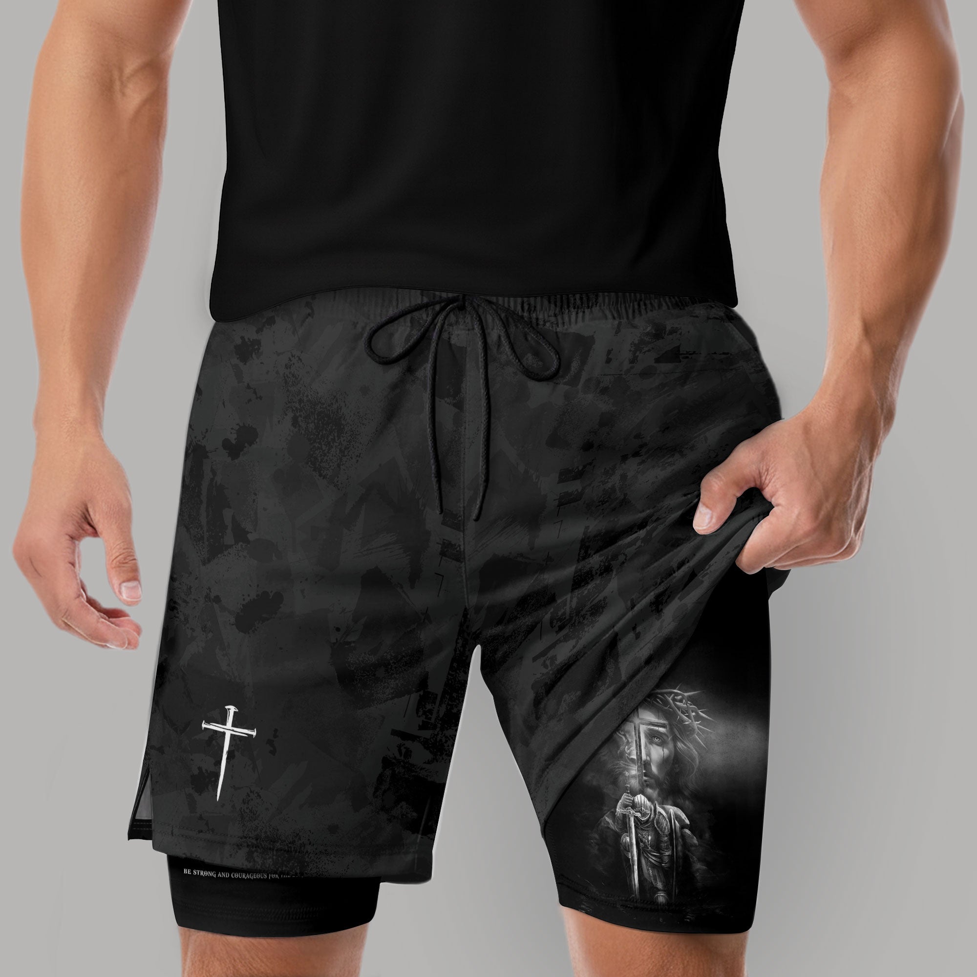 Joshua 1:9 Bible Verse Christian Men Gym Shorts Jesus Knight Kneeling Cross Training Activewear - Rust Field Wear