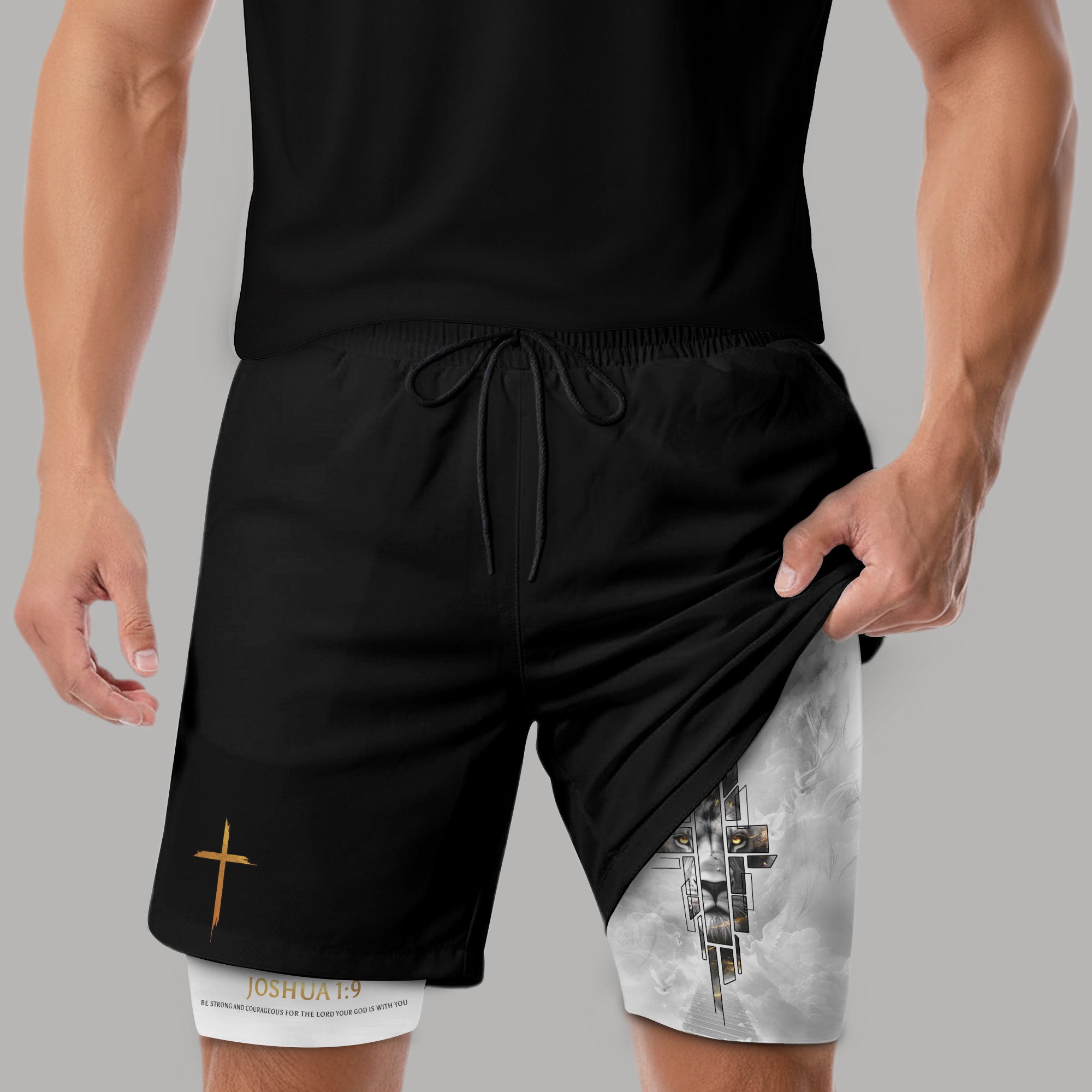 Joshua 1:9 Bible Verse Christian Men Workout Shorts Gold Lion of Judah Training Apparel