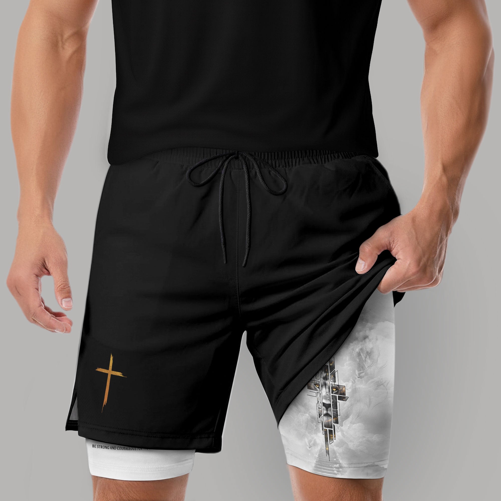 Joshua 1:9 Bible Verse Christian Men Workout Shorts Gold Lion of Judah Training Apparel - Rust Field Wear