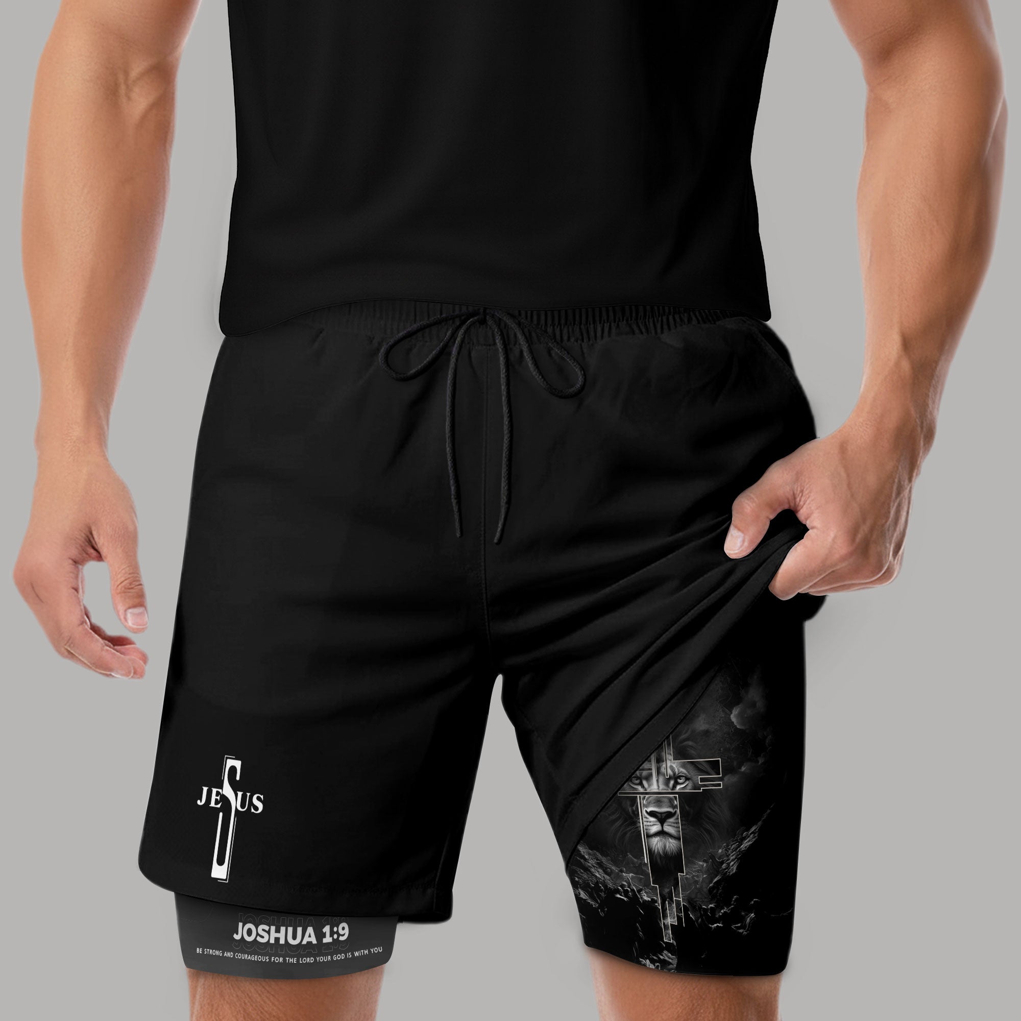 Joshua 1:9 Bible Verse Christian Men Gym Shorts Jesus Cross Nails Lion of Judah Training Activewear