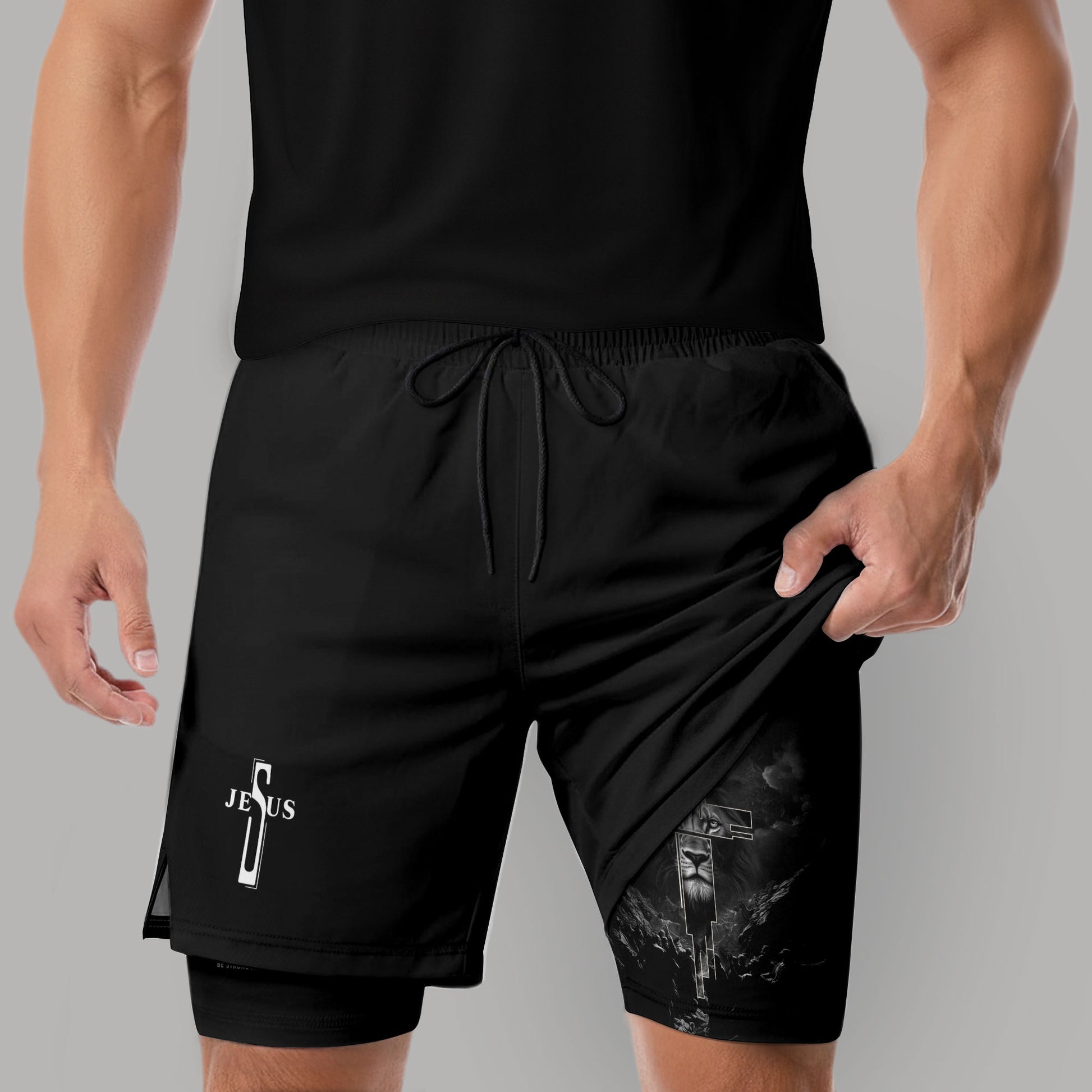 Joshua 1:9 Bible Verse Christian Men Gym Shorts Jesus Cross Nails Lion of Judah Training Activewear - Rust Field Wear