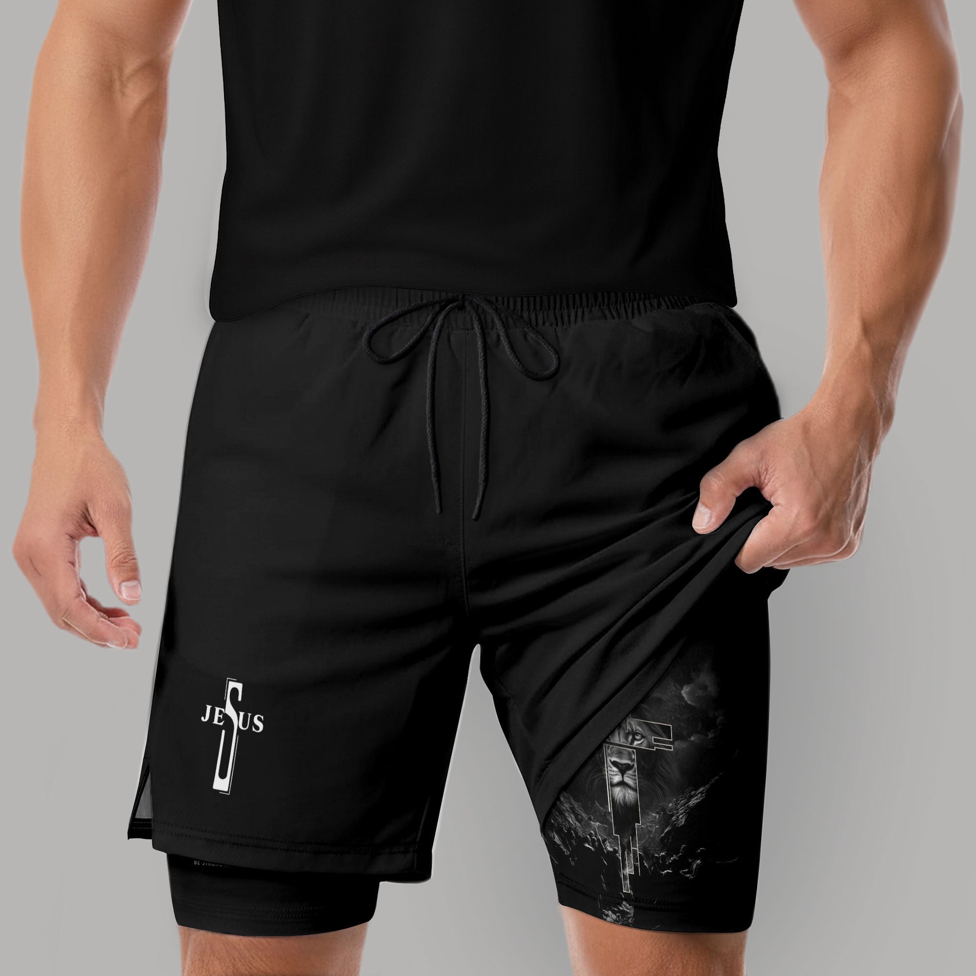 Joshua 1:9 Bible Verse Christian Men Gym Shorts Jesus Cross Nails Lion of Judah Training Activewear - Rust Field Wear
