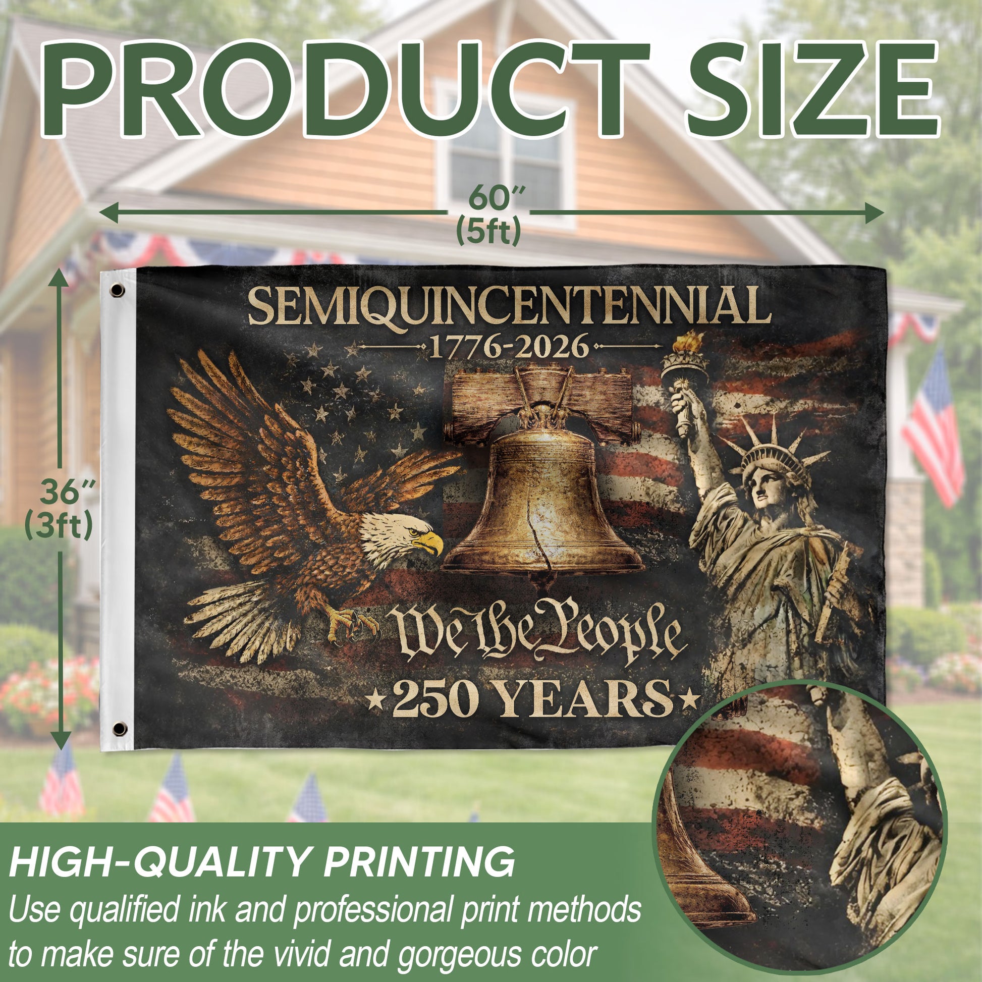 US 250 Years Flag 3x5 ft Statue of Liberty Liberty Bell Eagle 1776-2026 Patriotic Banner - Rust Field Wear
