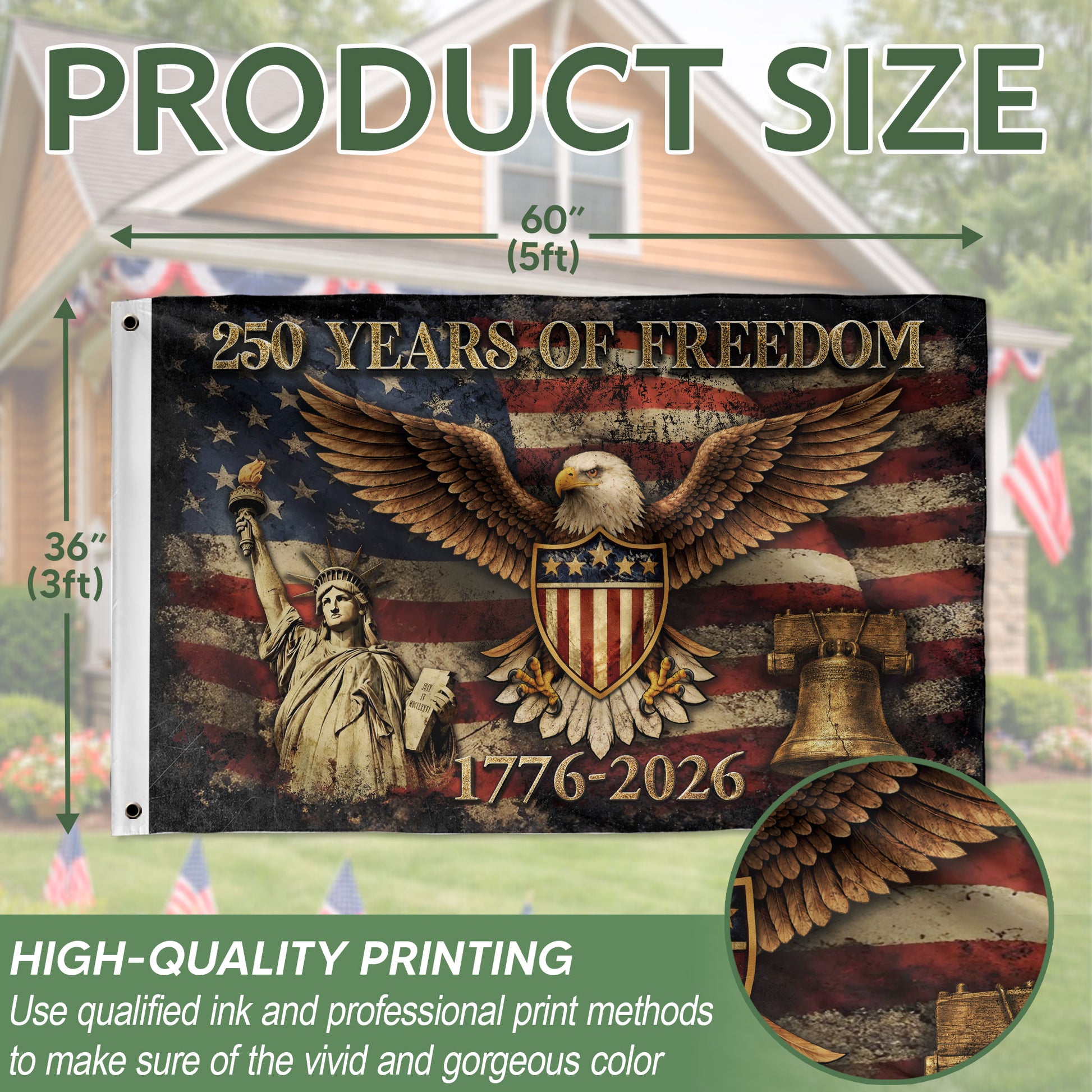 US 250 Years of Freedom Flag 3x5 ft Statue of Liberty Eagle Liberty Bell 1776-2026 - Rust Field Wear