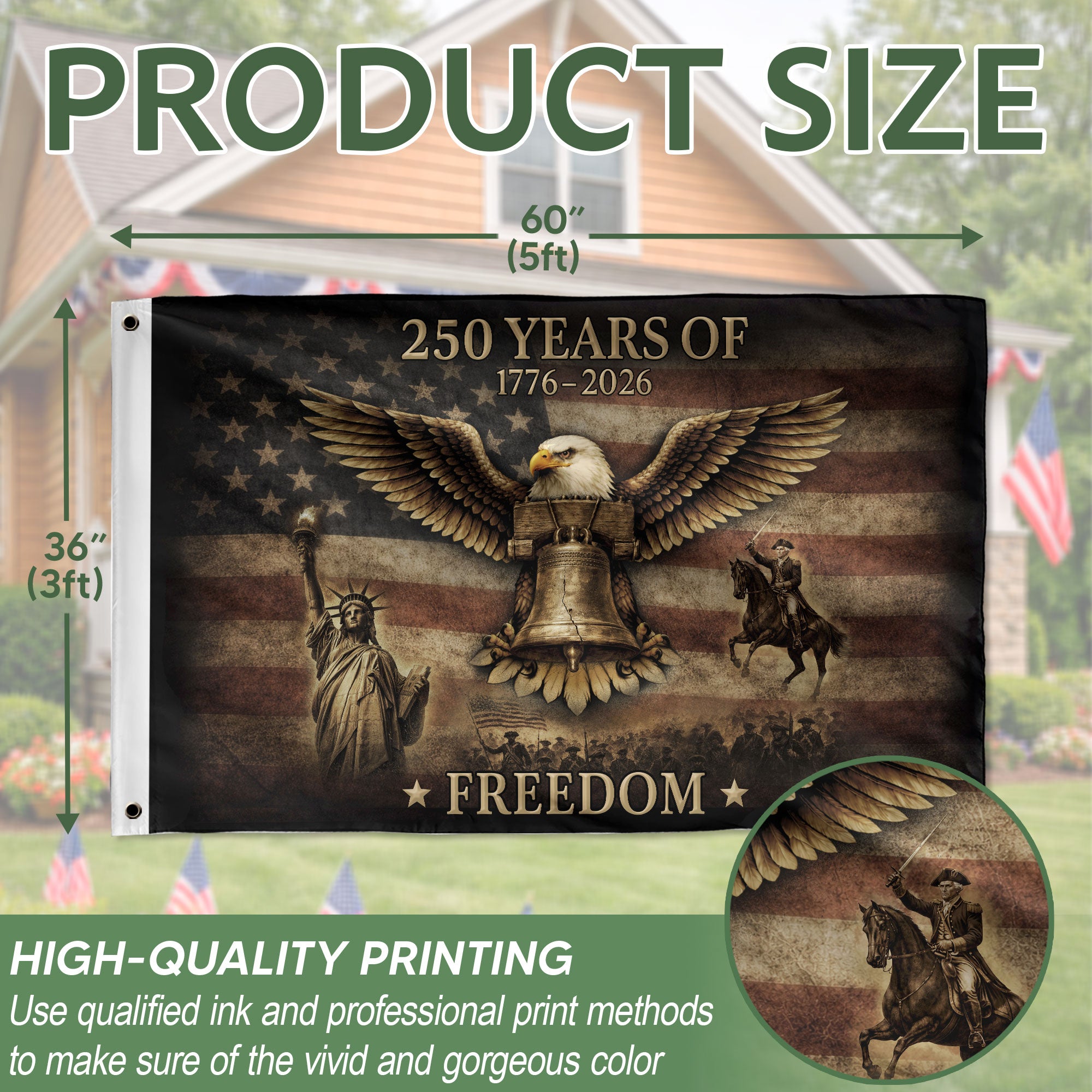 USA 250 Years of Freedom Flag, Patriotic Eagle and Liberty Bell Anniversary Design 3x5ft