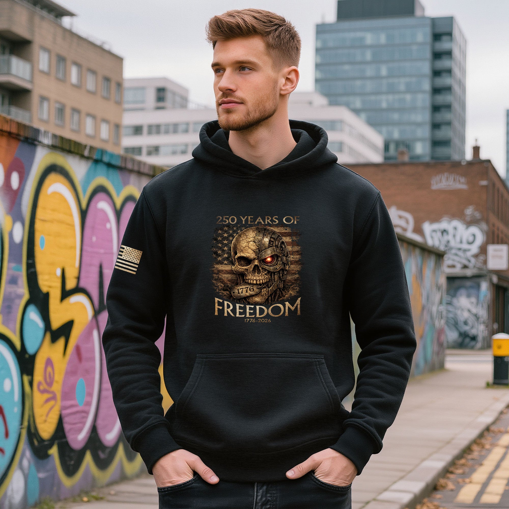 USA 250th Anniversary 250 Years of Freedom Semiquincentennial Hoodie 1776-2026 Vintage Cyber Skull Patriotic