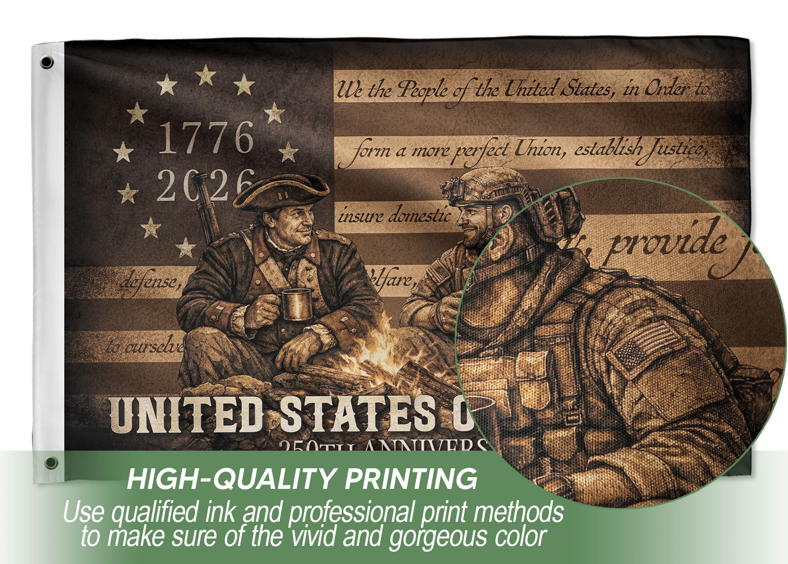 United States of America 250th Anniversary Garden Flag 1776-2026 Patriotic Past Present Then and Now Soldiers Design