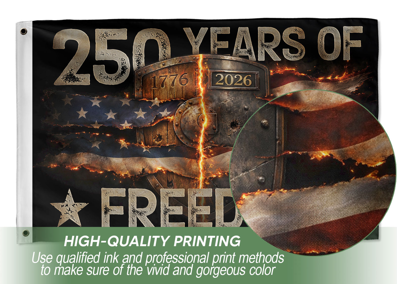 USA 250th Anniversary Flag 250 Years of Freedom Semiquincentennial 1776-2026 Burning Metal Shield Patriotic