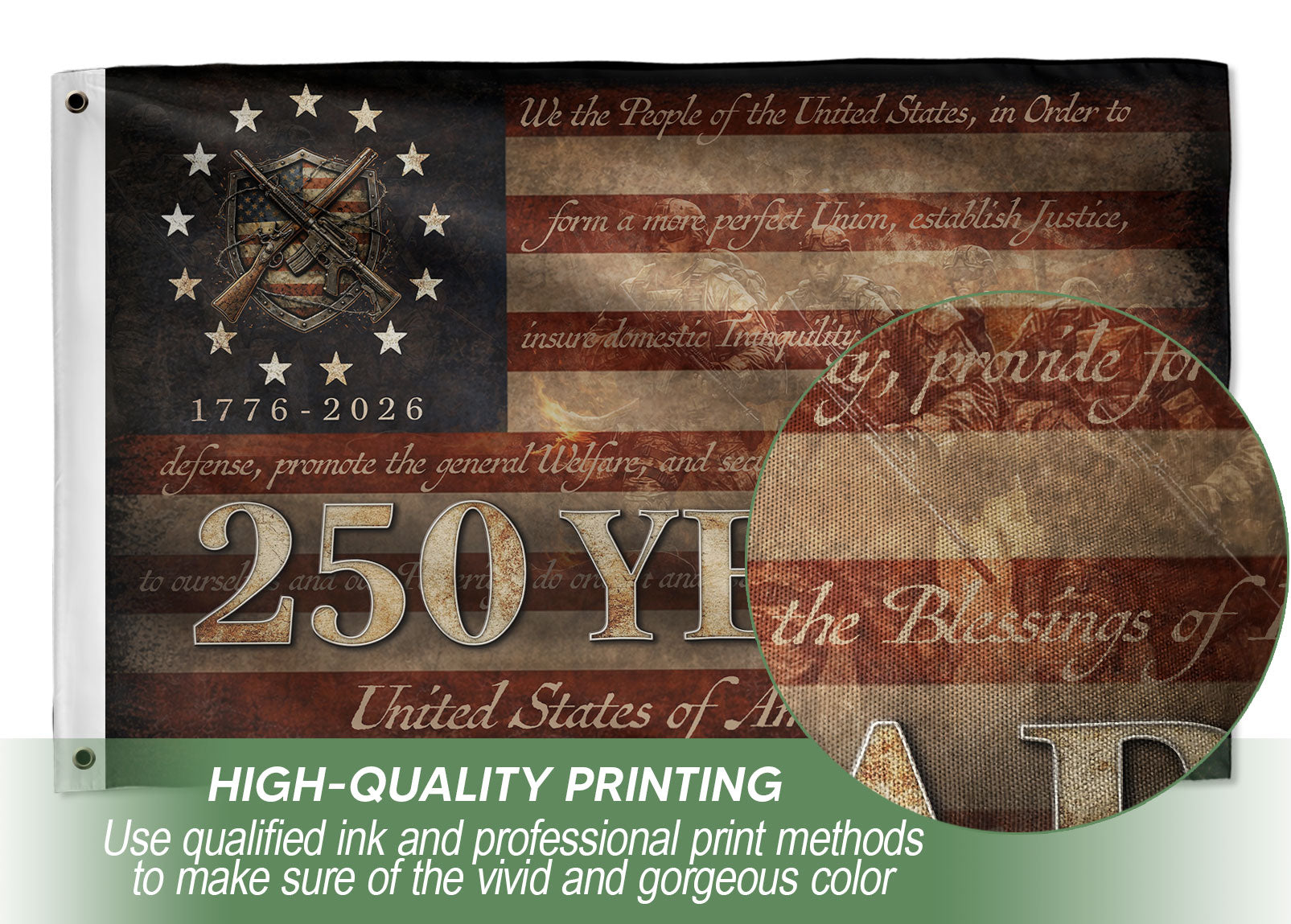 United States of America 250 Years Flag 250th Anniversary 1776-2026 Tactical Metal Shield Crossed Rifles Patriotic
