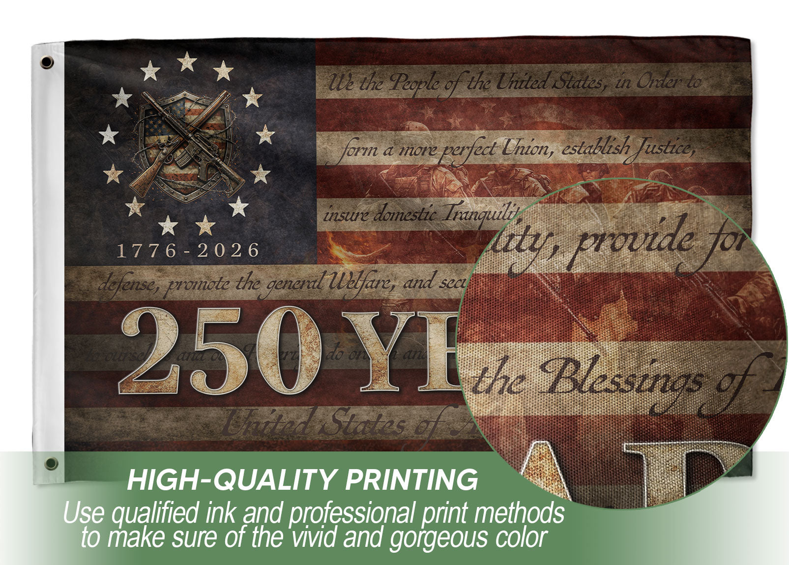 United States of 250 Years America Flag 250th Anniversary 1776-2026 Tactical Metal Shield Crossed Rifles Patriotic