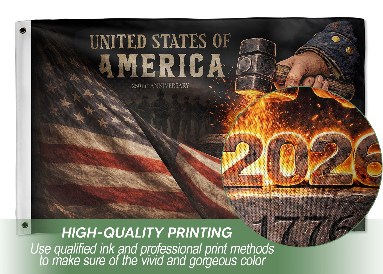 USA 250th Anniversary Flag 250 Years Semiquincentennial 1776-2026 Forged in Liberty Heavy Metal Iron Hammer Patriotic