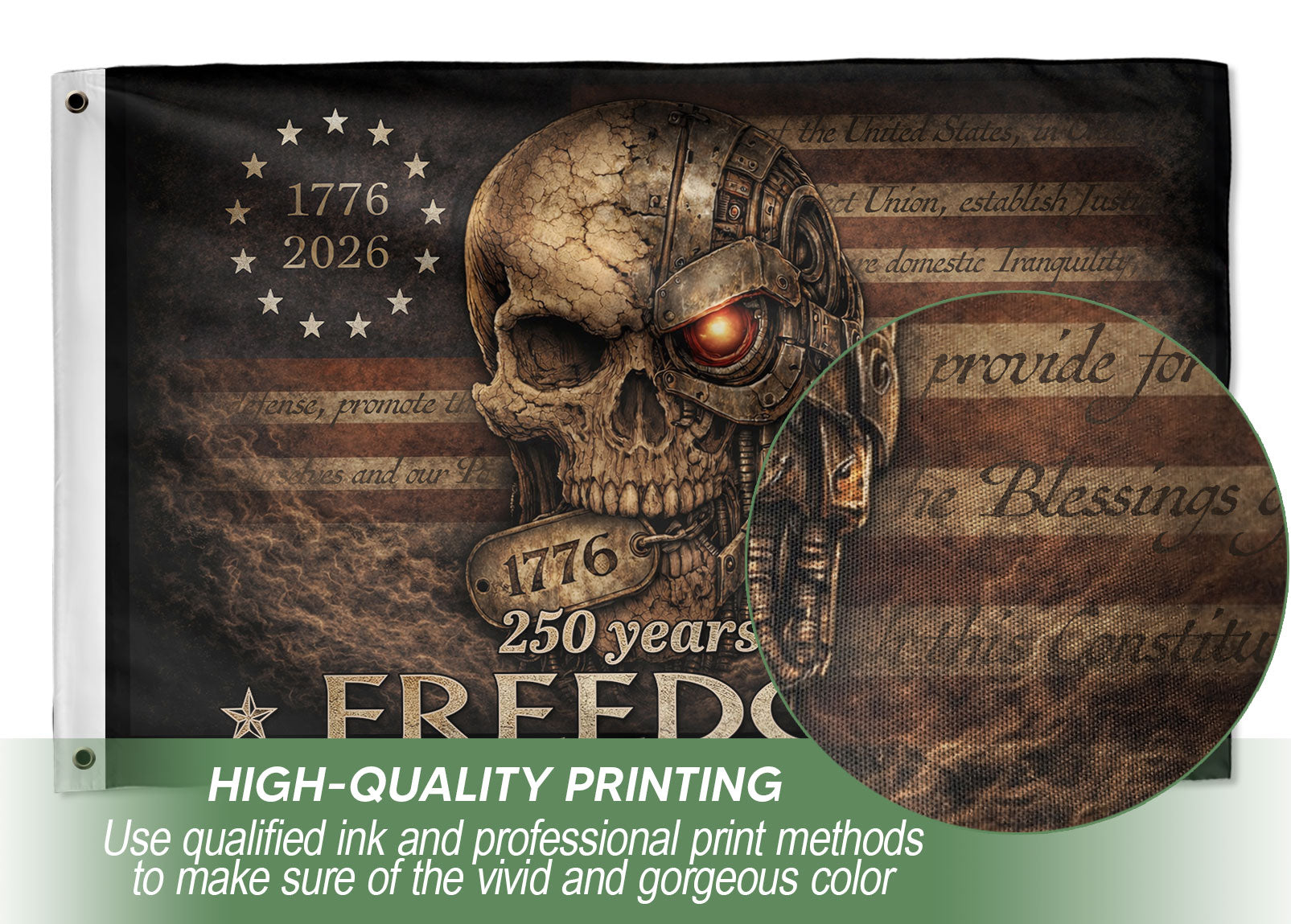 United States of America 250th Anniversary Flag 1776-2026 Mechanical Metal Cyber Skull Patriotic Garden Flag