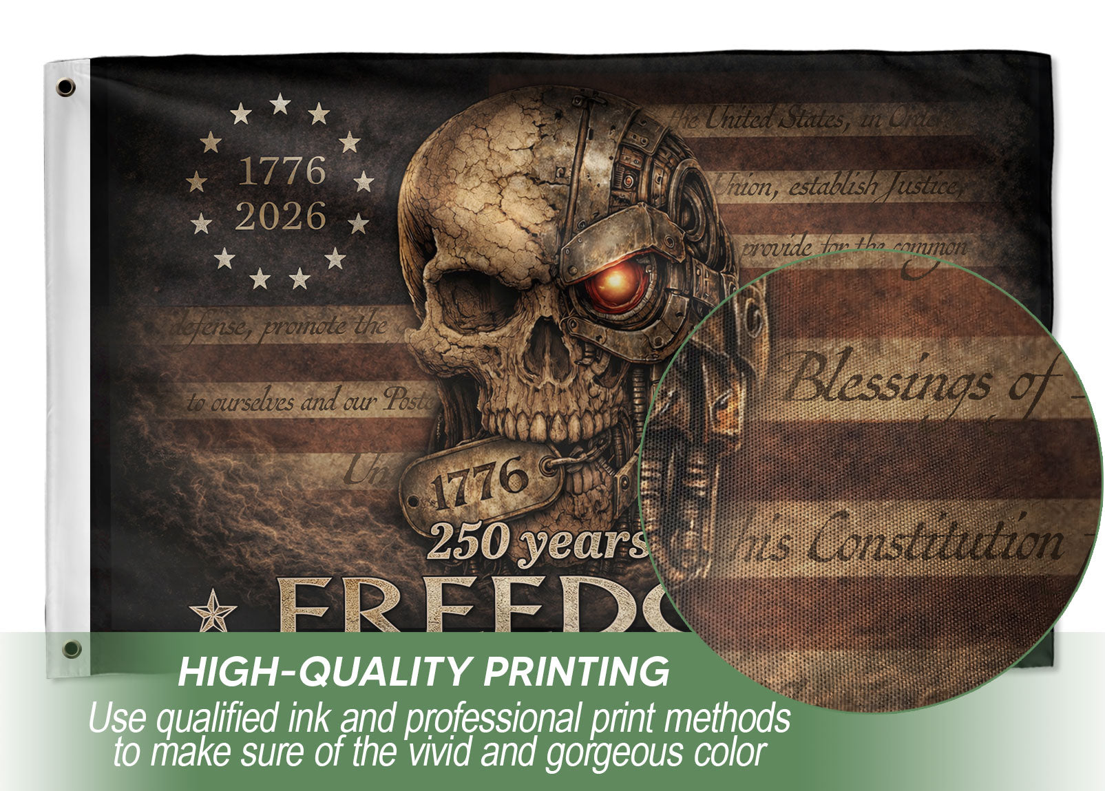 United States of 250 Years America Anniversary Flag 1776-2026 Mechanical Metal Cyber Skull Patriotic Flag