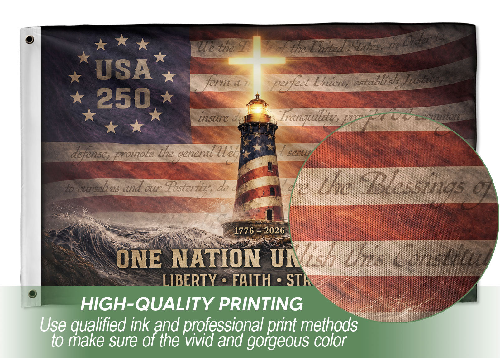 USA 250 Lighthouse Cross Flag – One Nation Under God Christian Patriotic Outdoor Flag 1776–2026