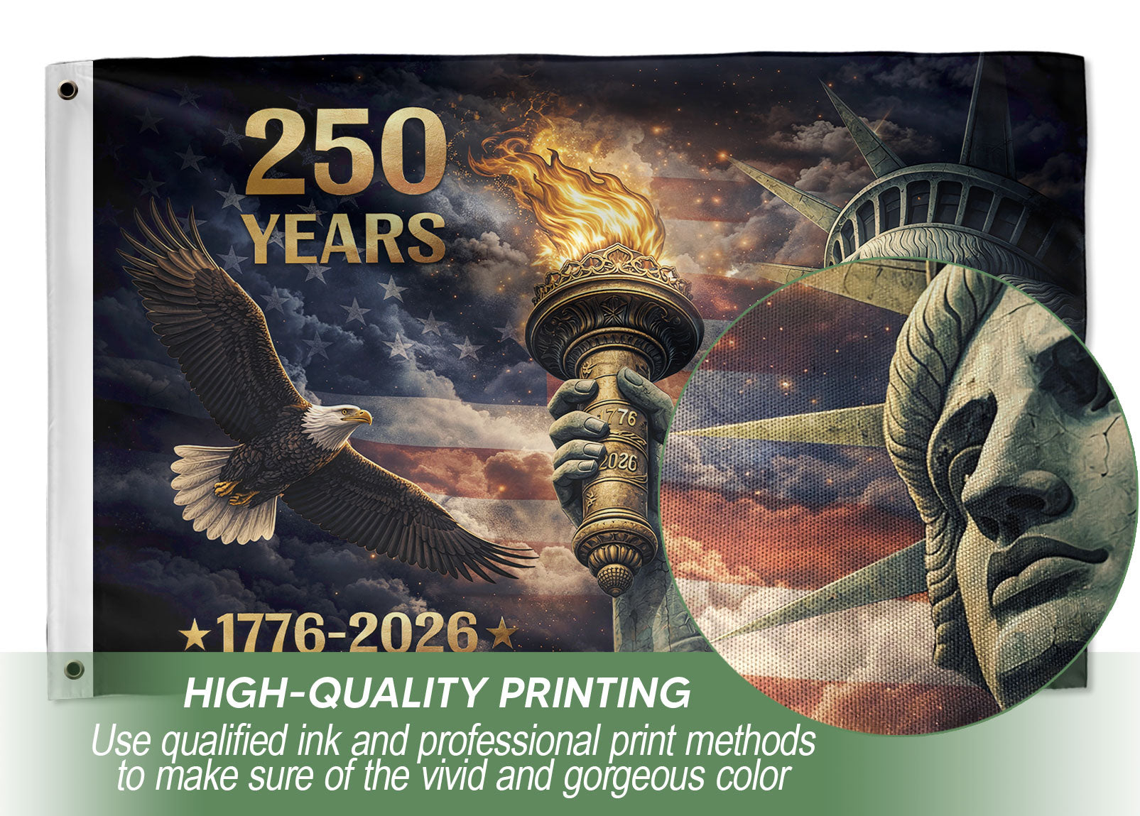 USA 250 Years Flag 1776–2026 – Statue of Liberty Torch & Eagle Patriotic Anniversary Flag