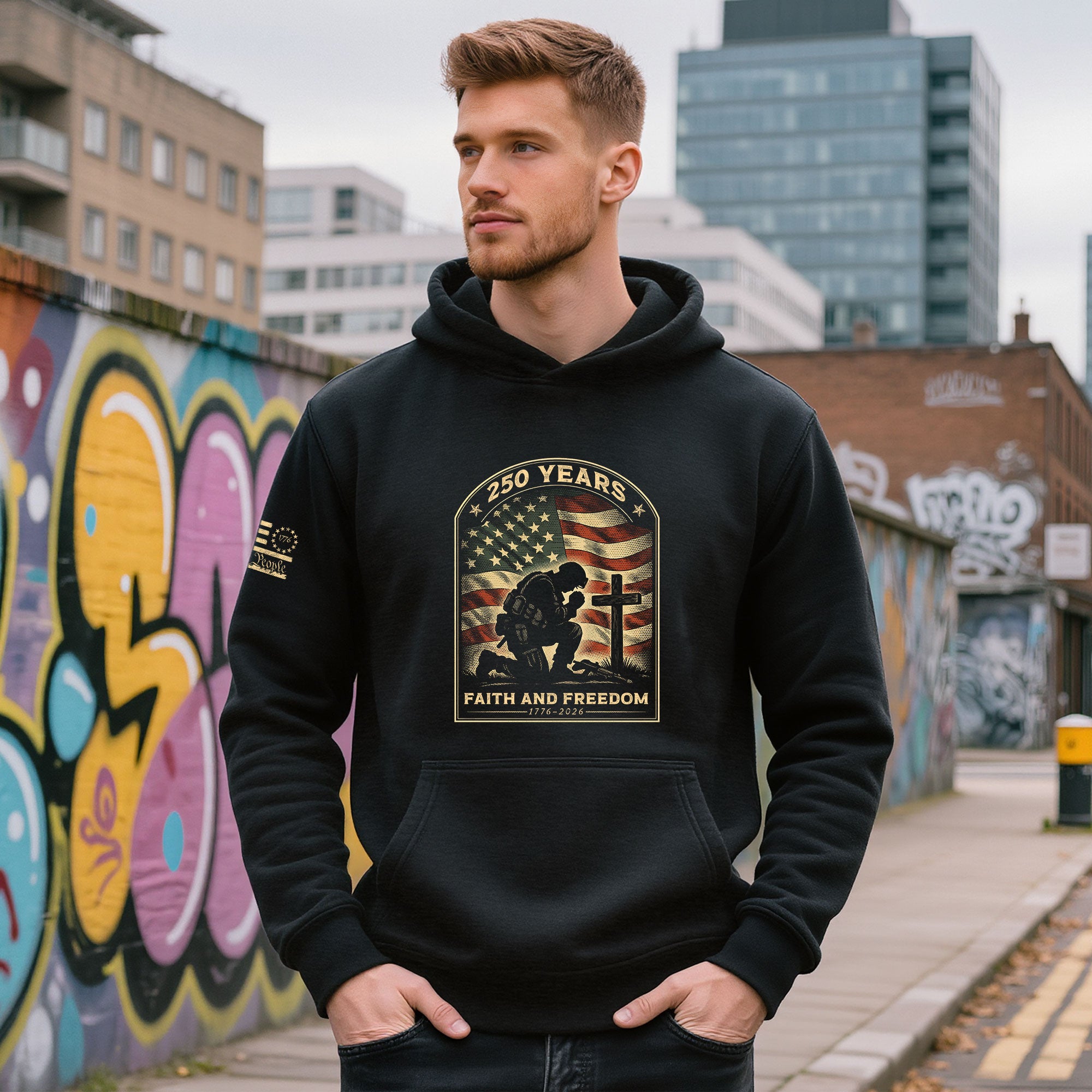 America 250th Anniversary 1776-2026 Semiquincentennial Hoodie – Kneeling Soldier American Flag Cross Patriotic Military Men’s Hoodie