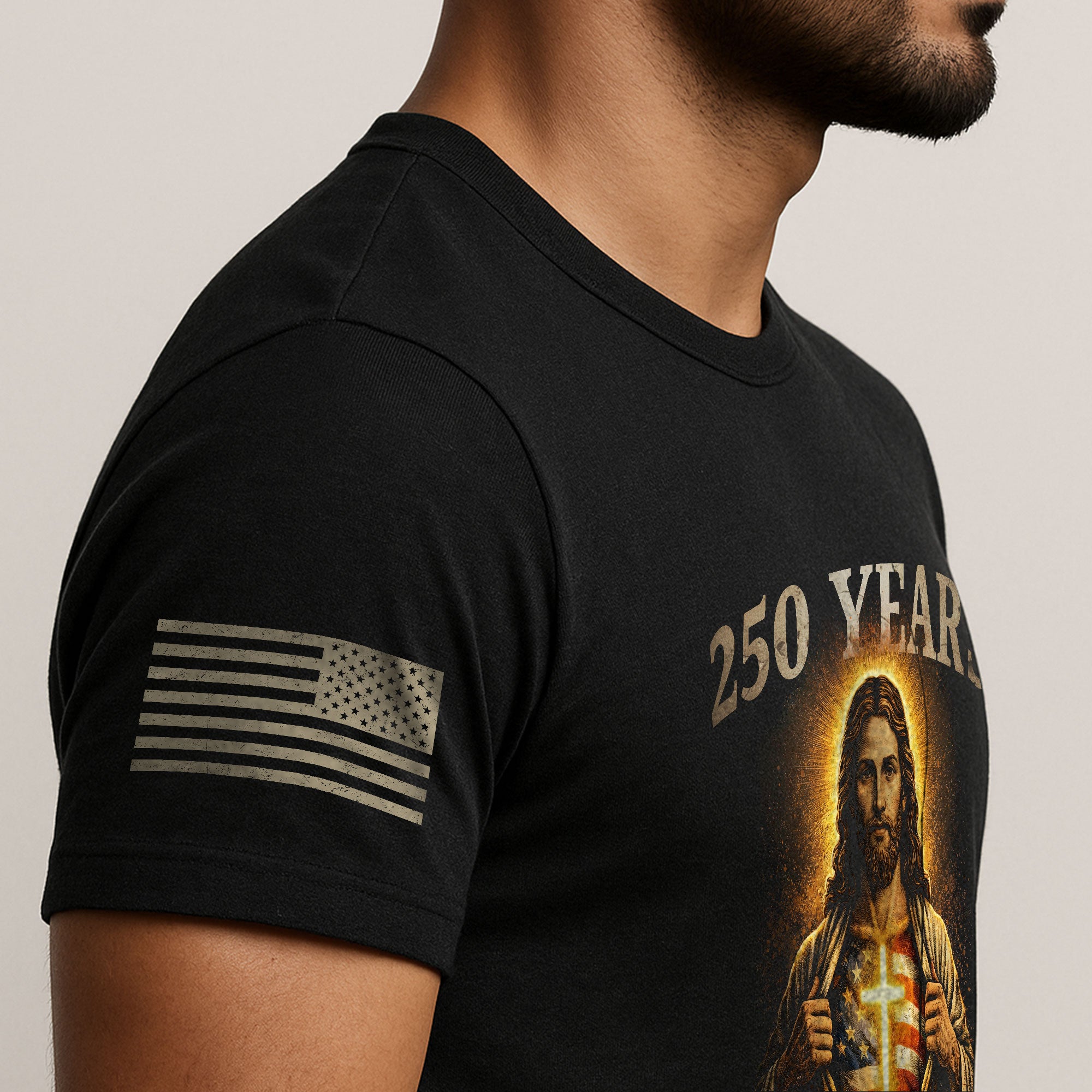 250th Anniversary 250 Years Christian Shirt - Patriotic Jesus with American Flag Heart & Glowing Cross Design