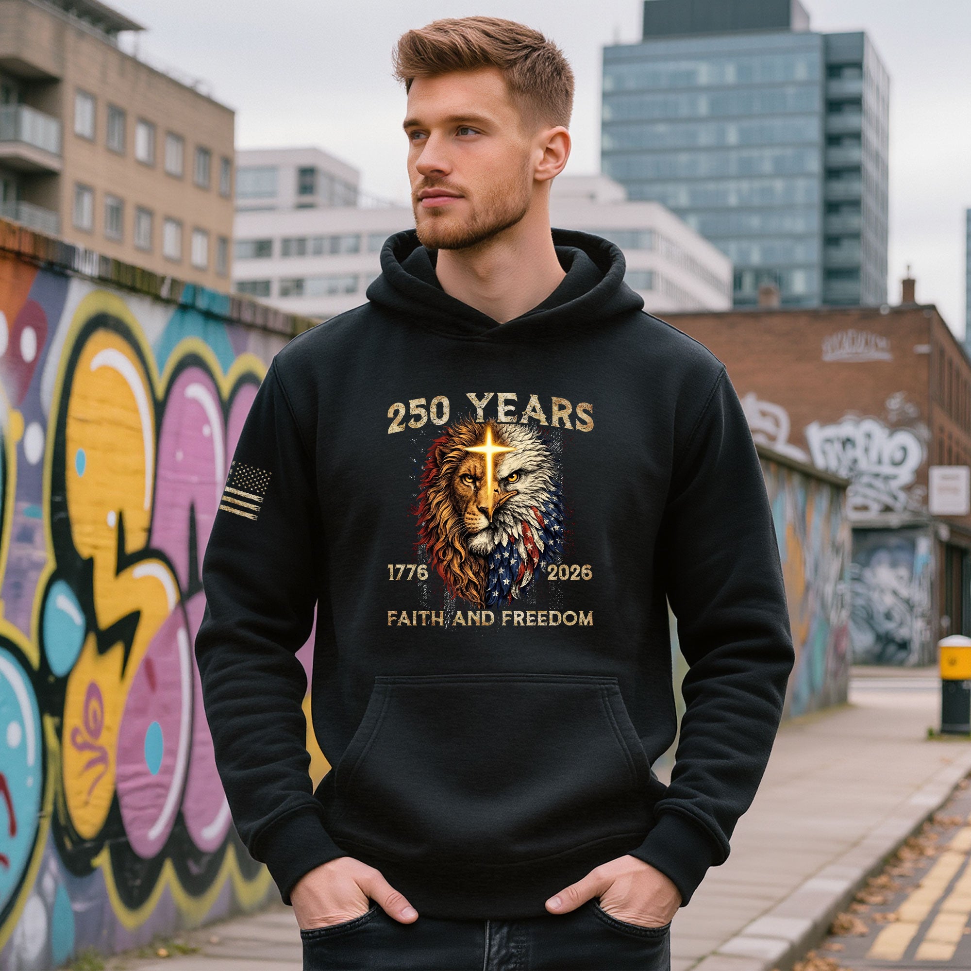 USA 250th Anniversary 1776-2026 Semiquincentennial Hoodie – Christian Faith and Freedom Lion of Judah American Flag Men’s Apparel