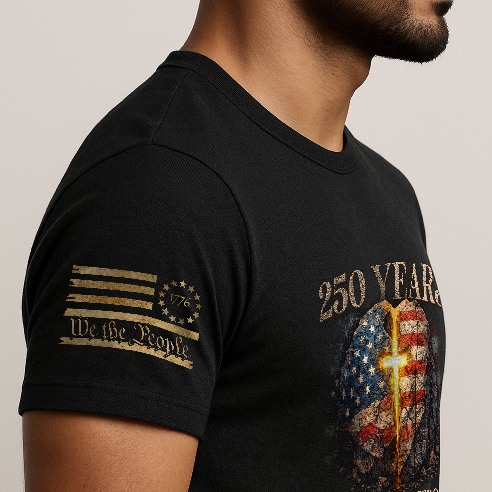 Faith and Freedom 250 Years T-Shirt - Glowing Cross & American Flag Rock Graphic Tee