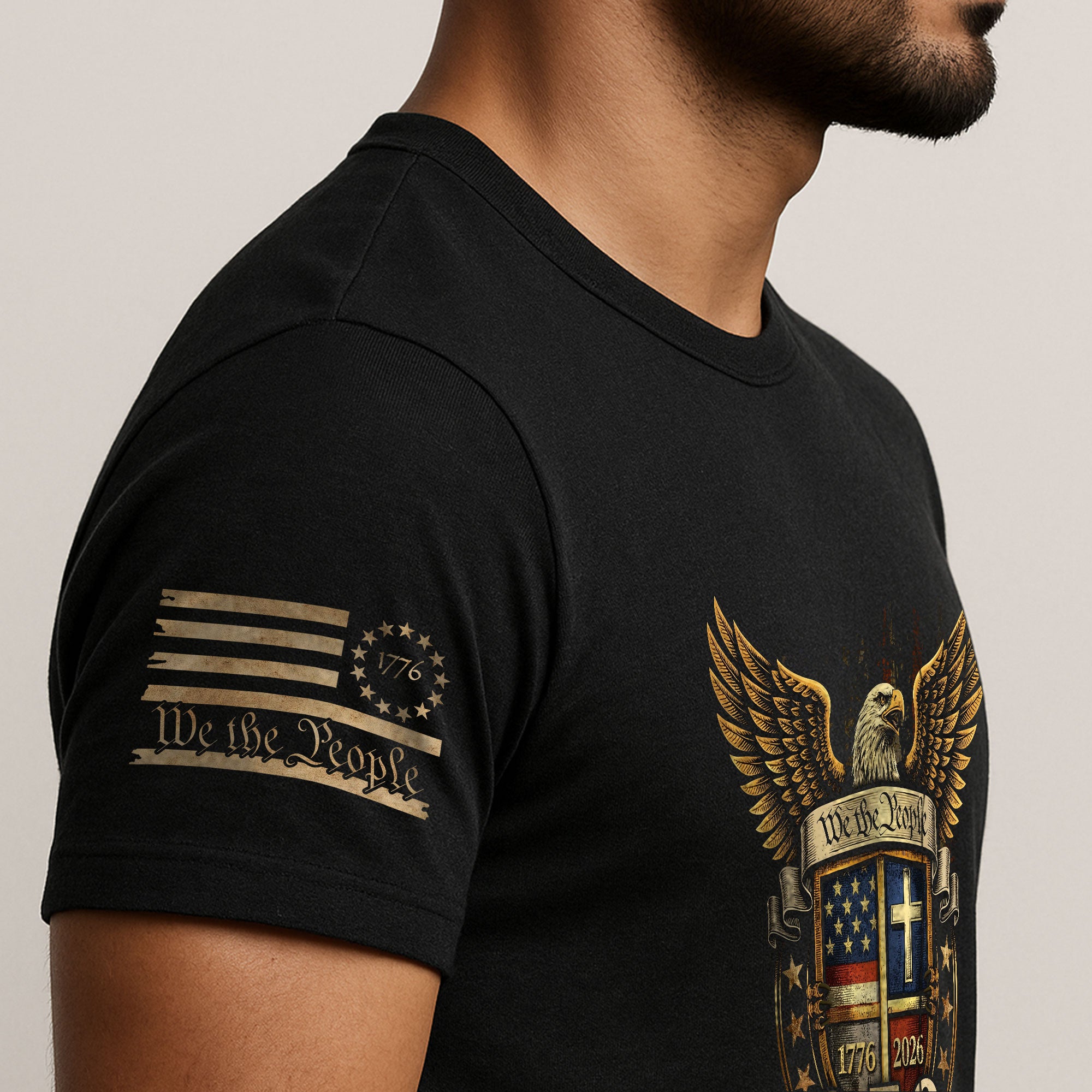 Faith and Freedom 250 Years T-Shirt - We the People Golden Eagle & Cross Crest Design