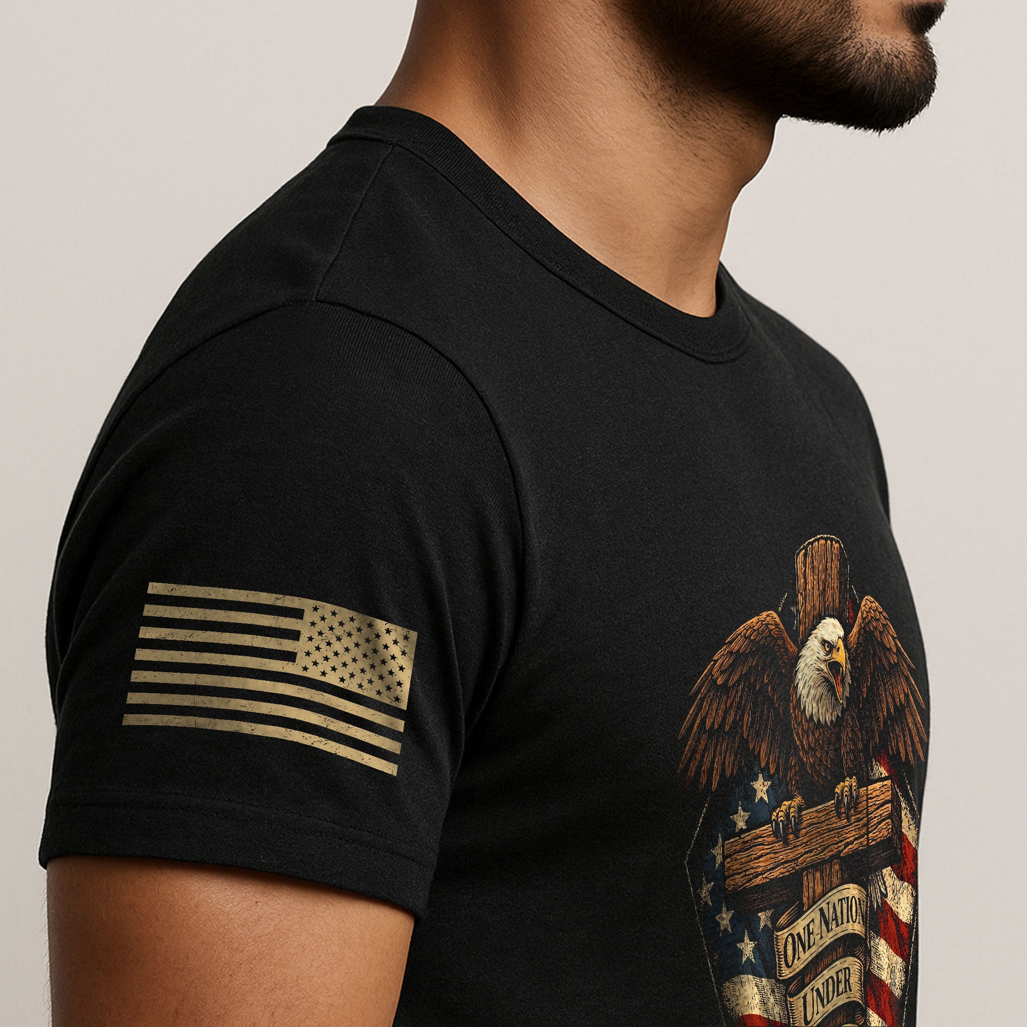 American Faith 250 Years of Blessings T-Shirt - One Nation Under God Eagle & Cross Design