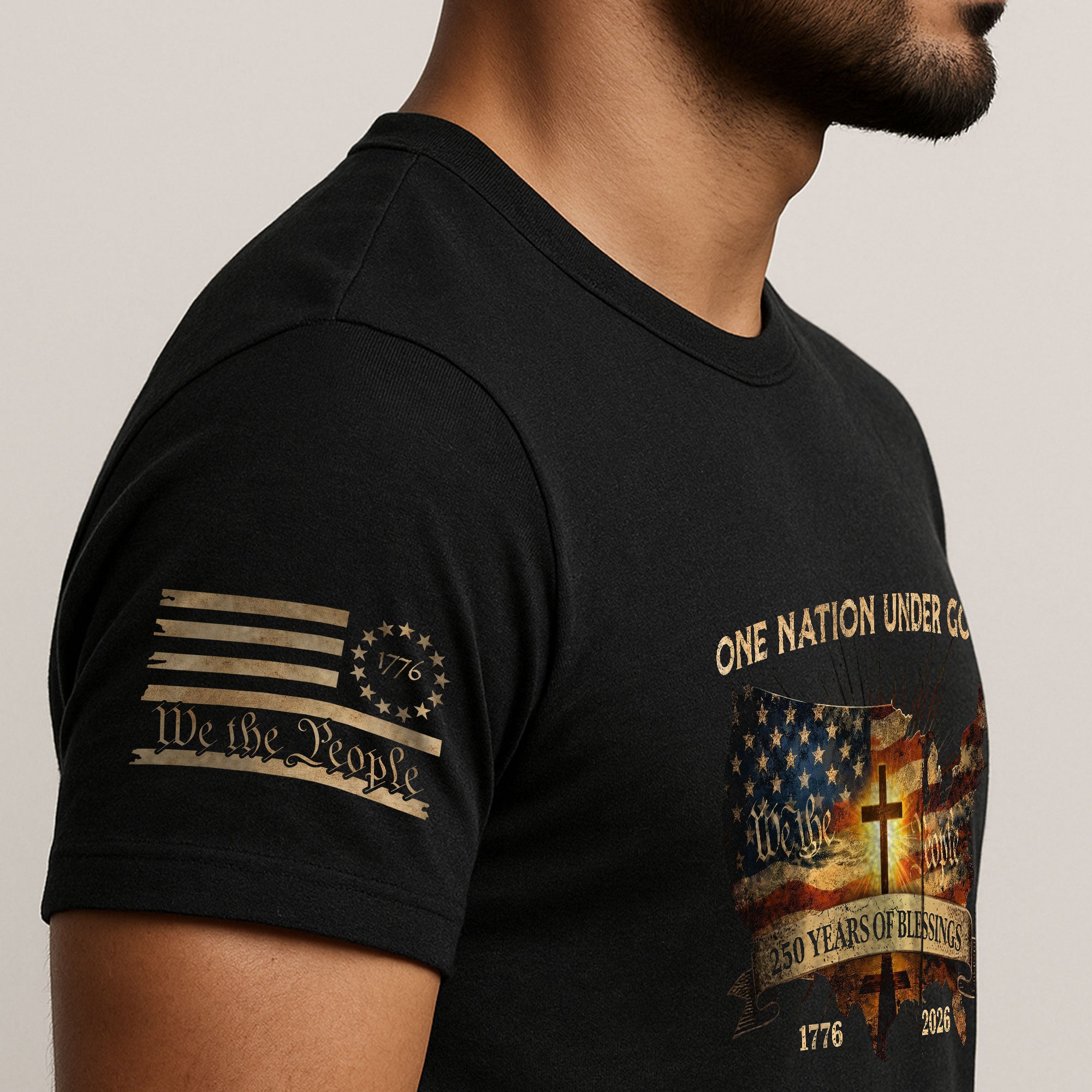 Christian Patriot 250 Years of Blessings T-Shirt - Holy Bible, "We the People" & US Flag Design