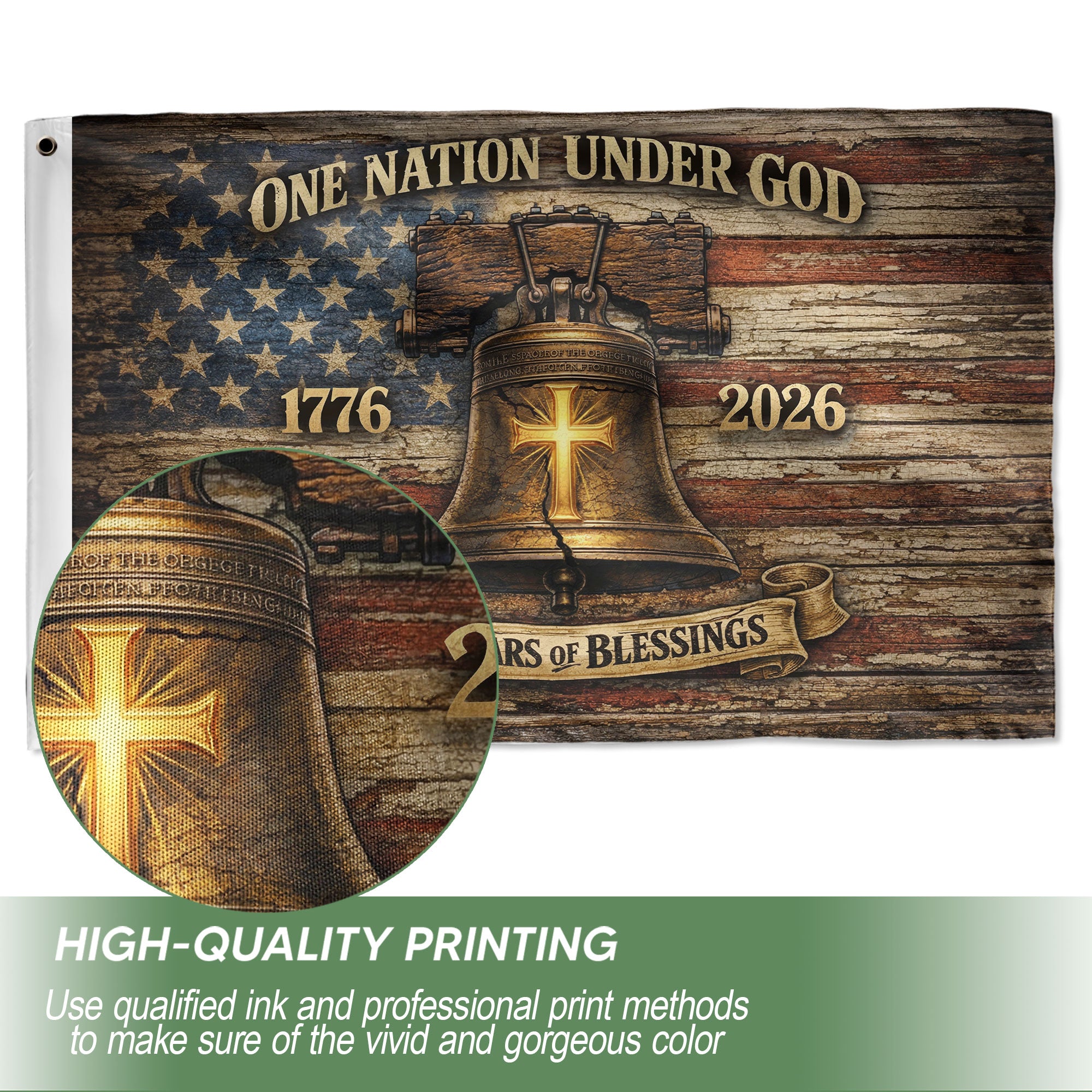 One Nation Under God America Semiquincentennial 250th Anniversary Flag - 250 Years of Blessings Liberty Bell & Cross Design, 1776-2026 Patriotic Double Sided Flag