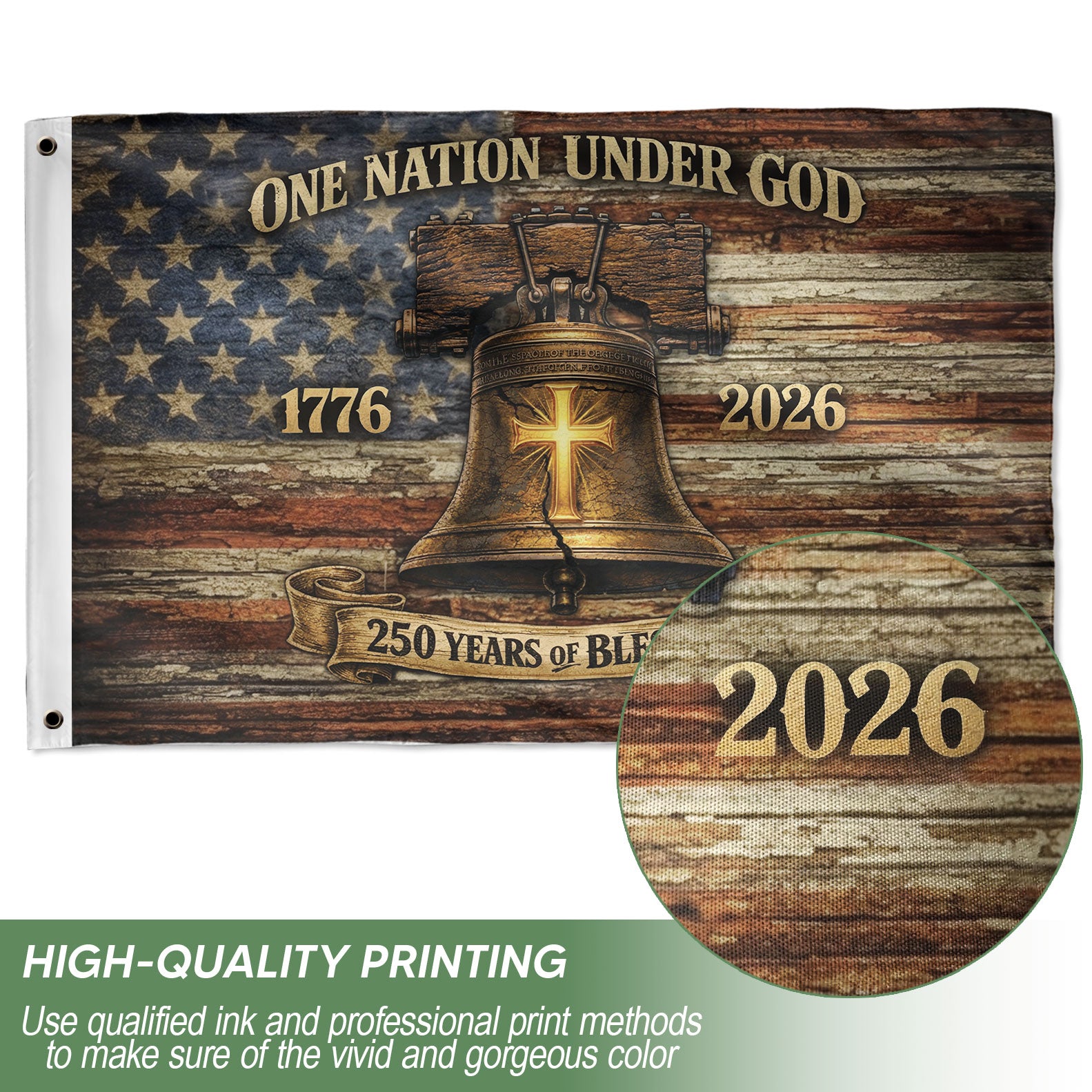 One Nation Under God America 250th Anniversary Flag - 250 Years of Blessings Liberty Bell & Cross Design, 1776-2026 Patriotic Double Sided Flag