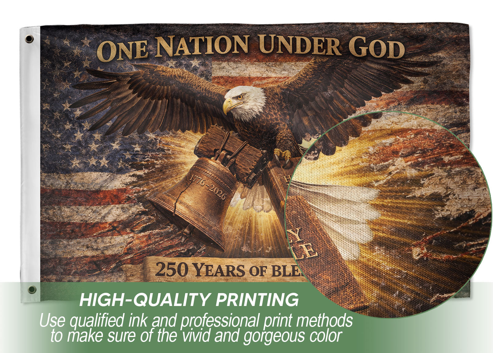 One Nation Under God 250 Years Flag (1776–2026) – Bald Eagle with Holy Bible Patriotic Christian Banner