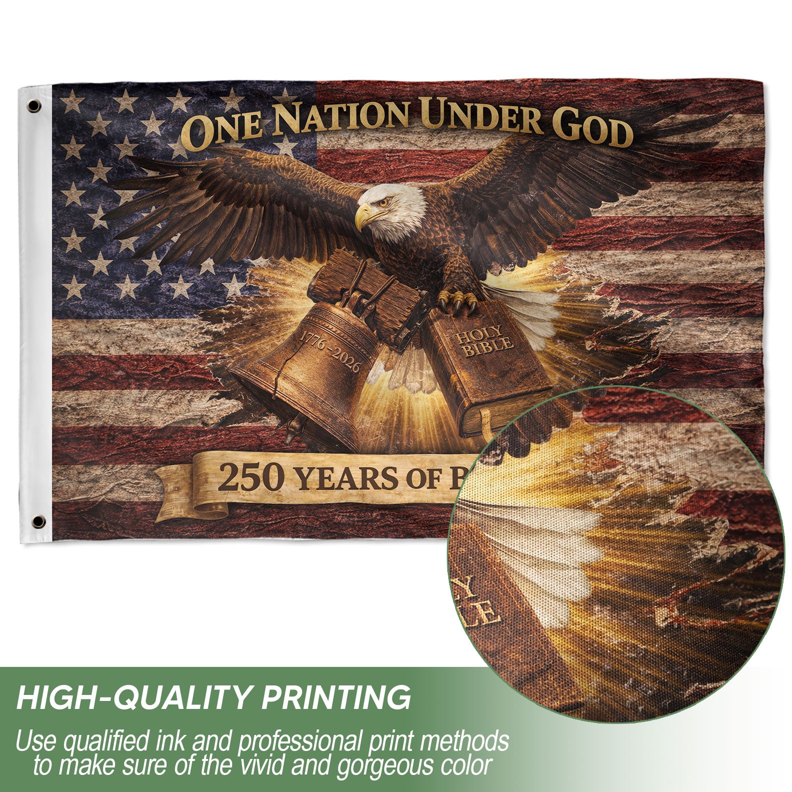 One Nation Under God 250 Years Flag (1776–2026) – Bald Eagle with Holy Bible Patriotic Christian Banner