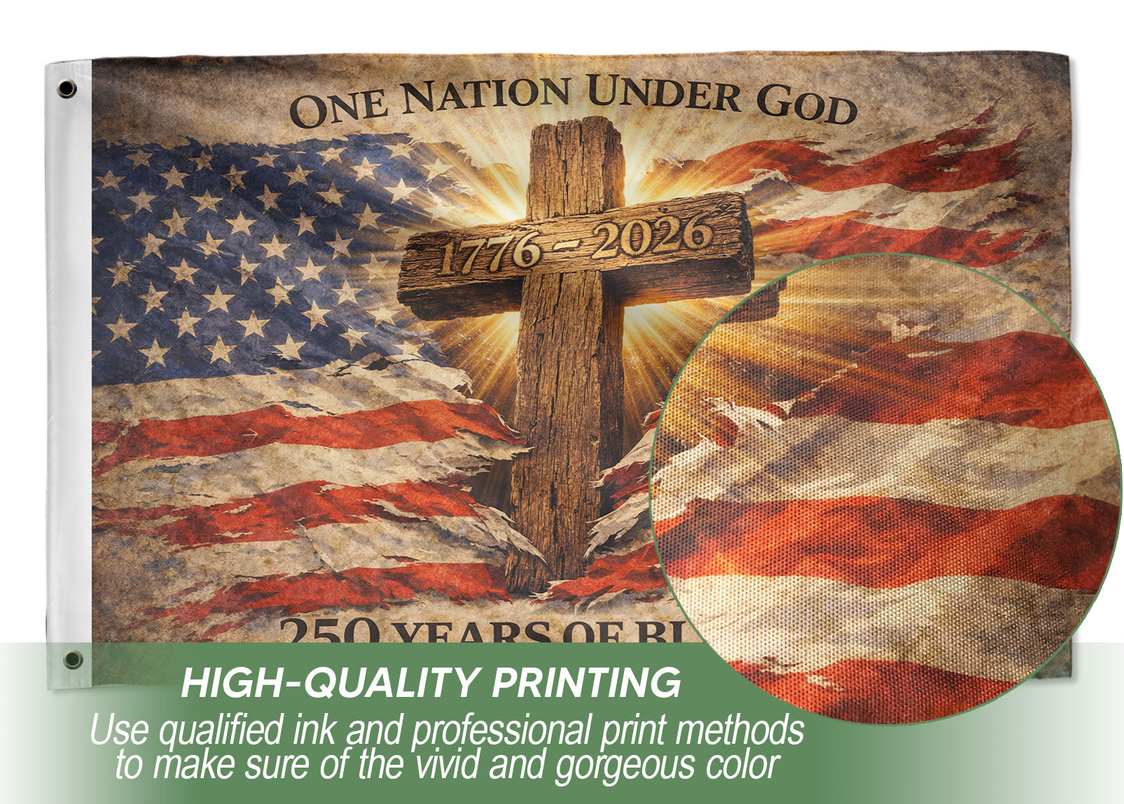 One Nation Under God 250th Anniversary Flag (1776–2026) – Cross and American Flag Christian Patriotic Banner