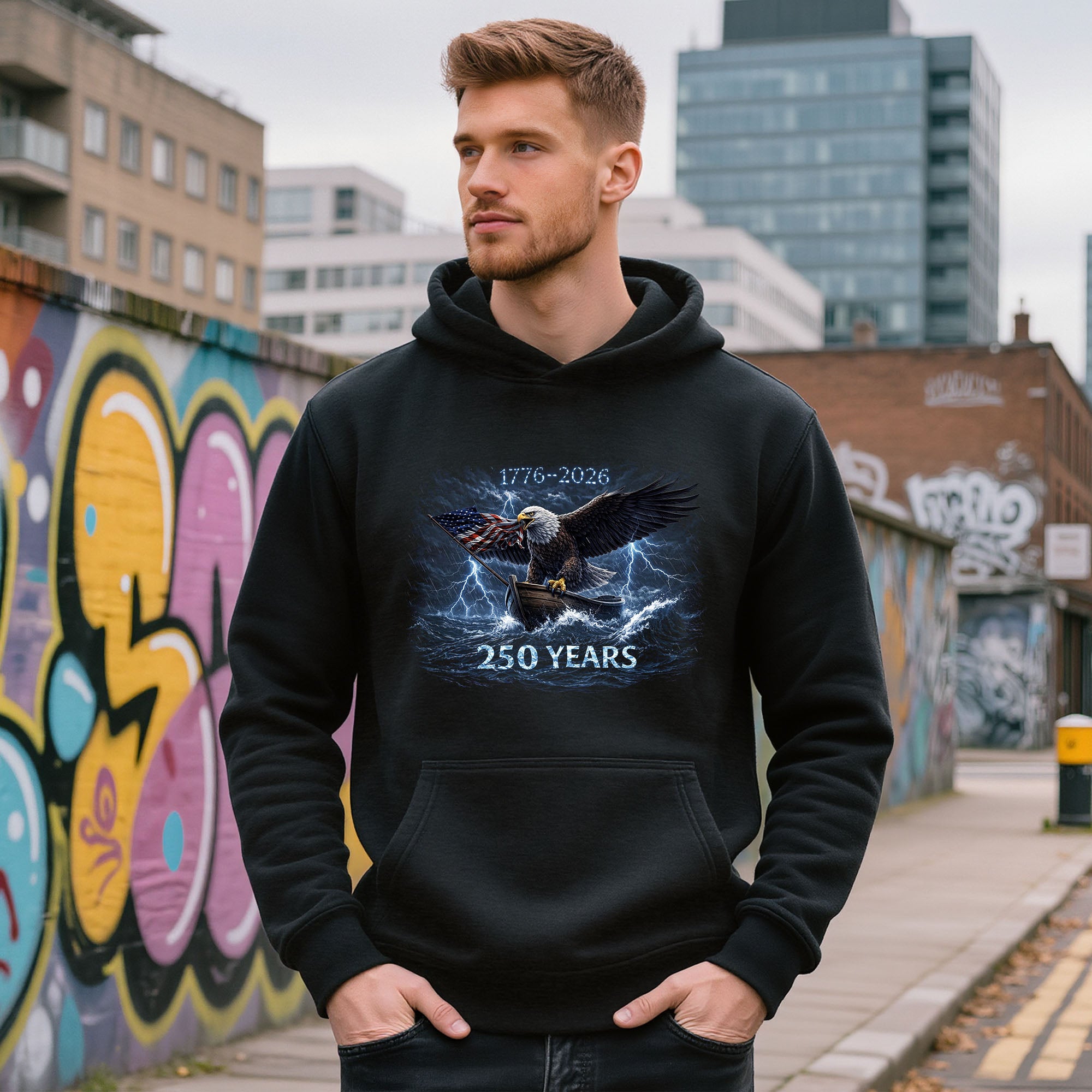 Vintage Bootleg 250 Years America Anniversary Hoodie - 1776-2026 Eagle & Flag Graphic, Retro Patriotic Streetwear