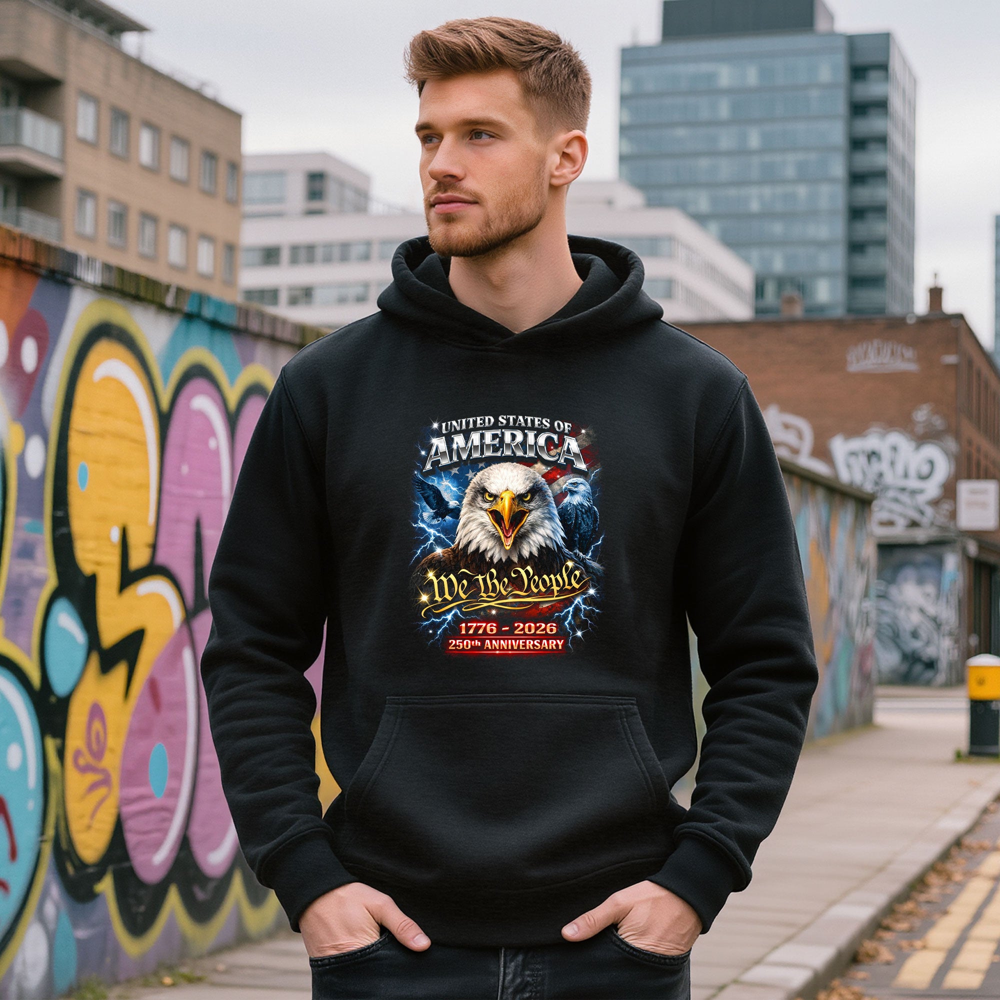 Retro 90s Bootleg United States 250 Anniversary Hoodie - 1776-2026 We The People Eagle Graphic Hoodie, Retro Patriotic Apparel